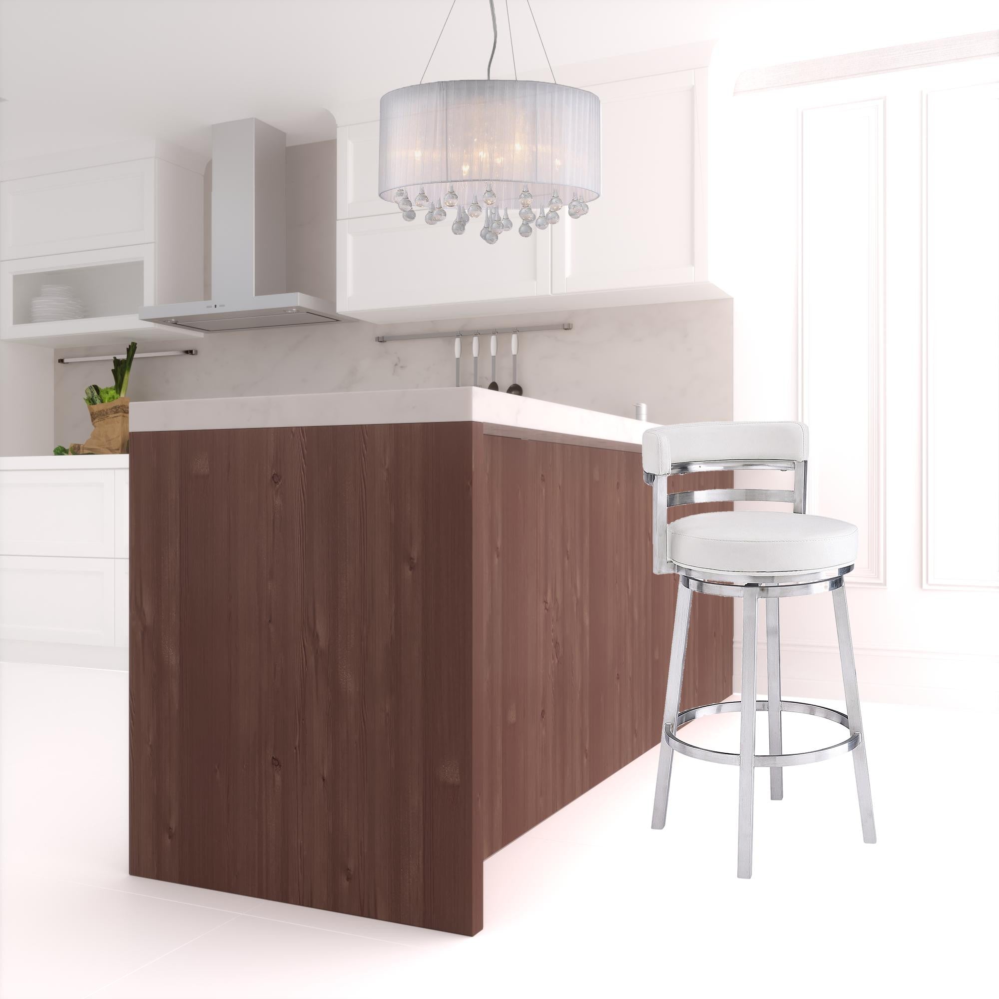 30" White and Silver Faux Leather and Iron Low Back Bar Height Swivel Bar Chair-1