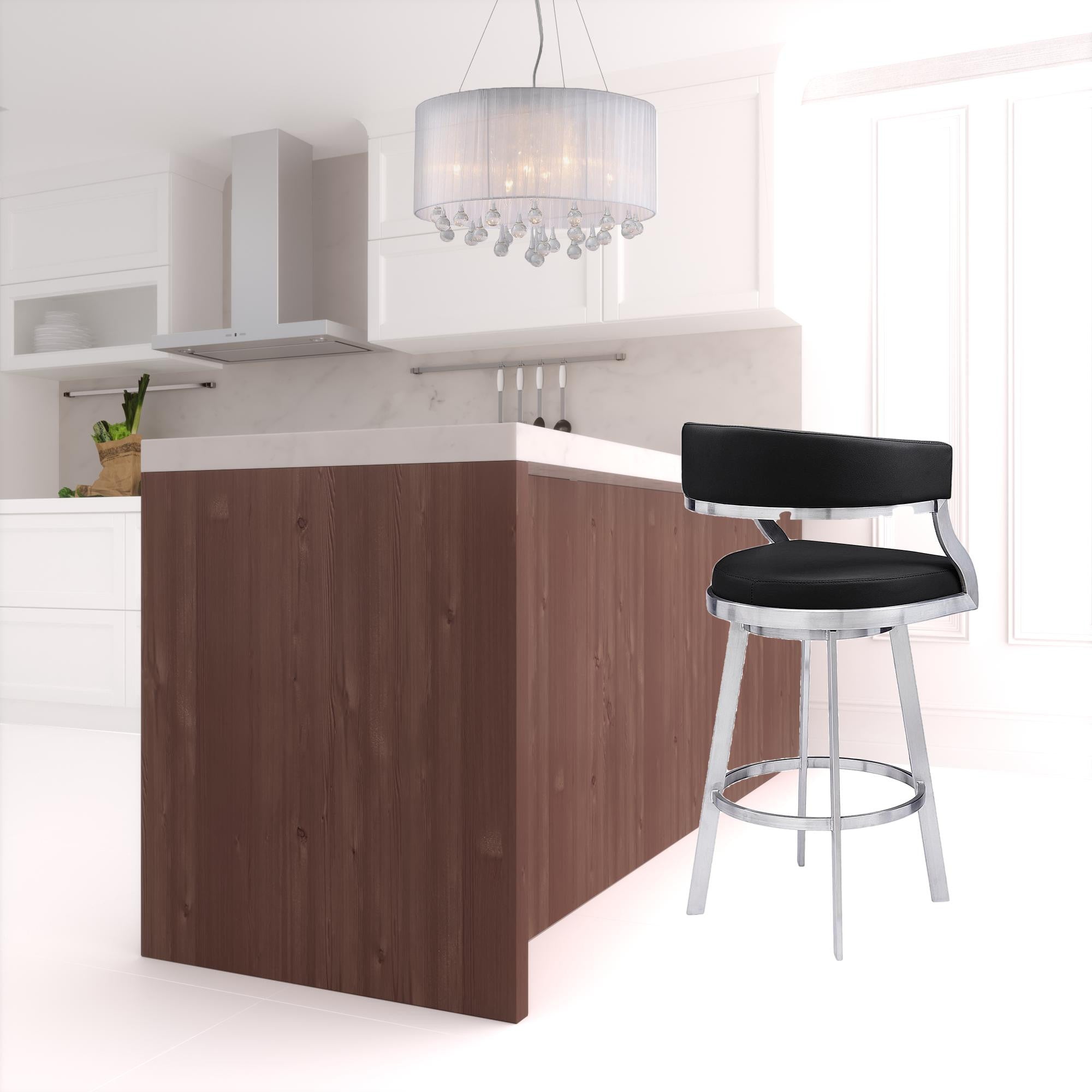 30" Black And Silver Faux Leather And Iron Swivel Low Back Bar Height Bar Chair-1