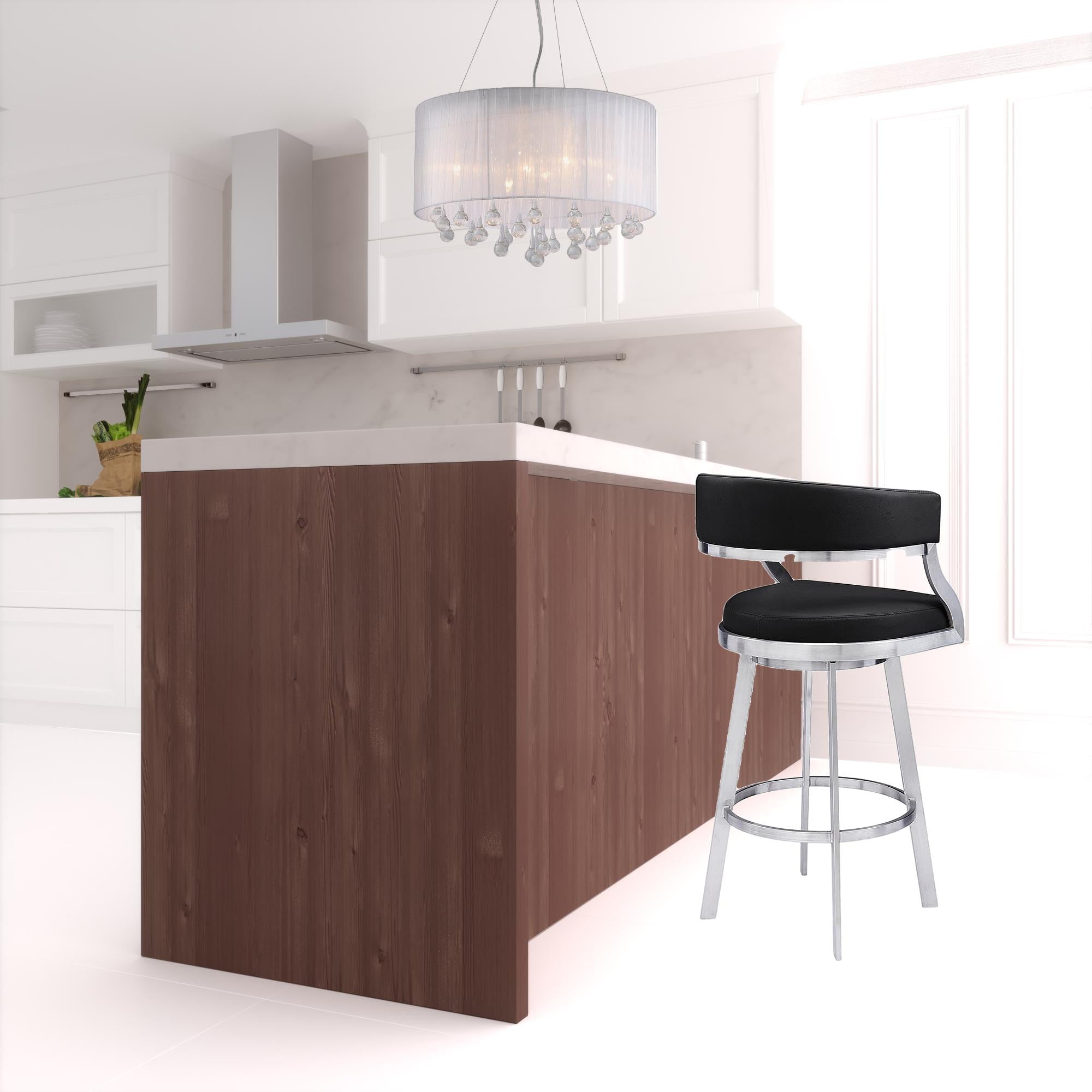 26" Black And Silver Faux Leather And Iron Swivel Low Back Counter Height Bar Chair-1