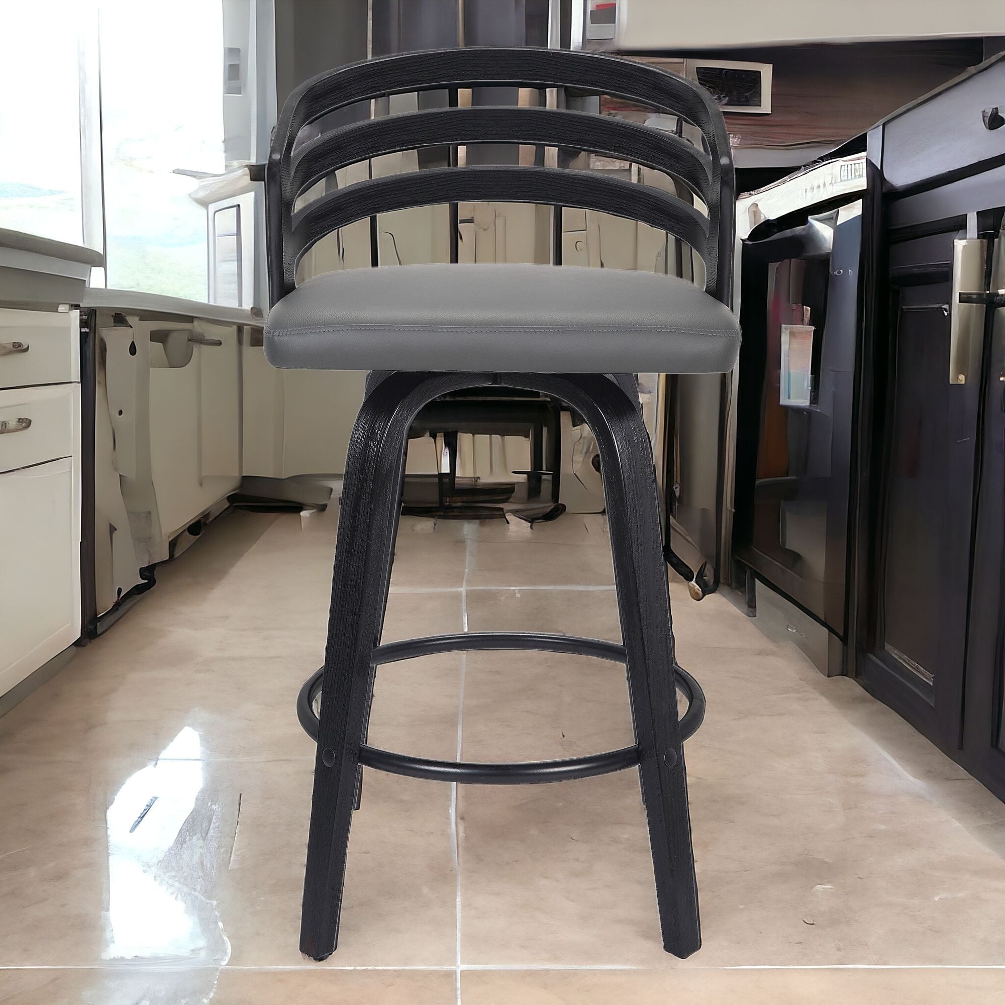30" Gray And Black Iron Swivel Low Back Bar Height Bar Chair-1