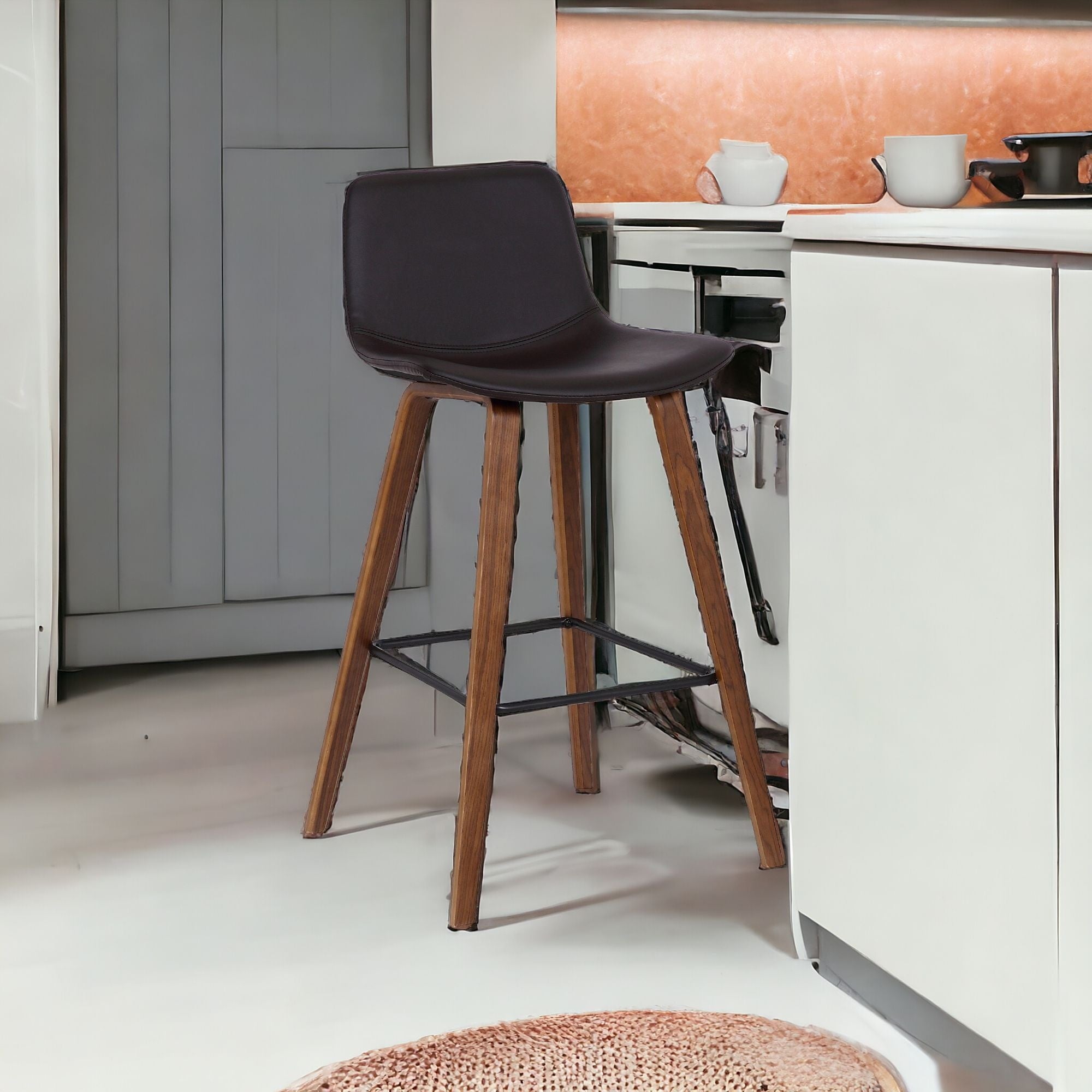 26" Brown Faux Leather And Solid Wood Low Back Counter Height Bar Chair-0