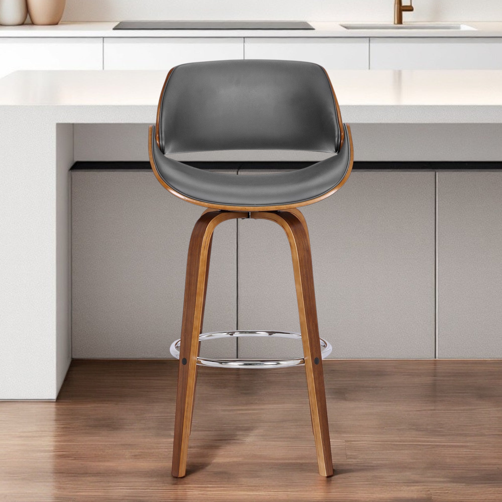 26" Gray And Brown Faux Leather And Iron Swivel Low Back Counter Height Bar Chair-0