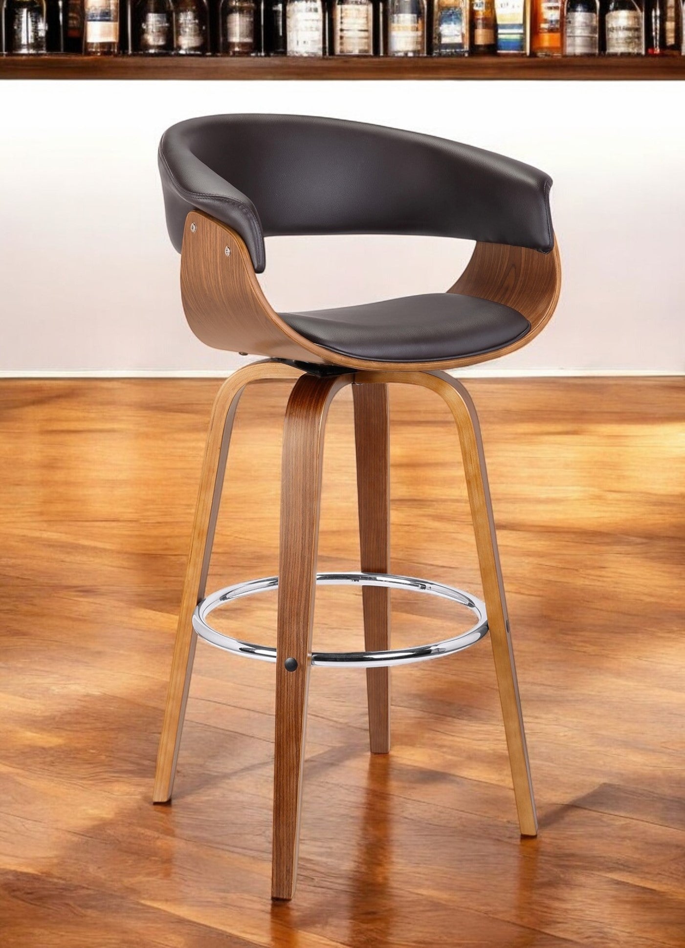 27" Brown Faux Leather And Iron Swivel Low Back Counter Height Bar Chair-0