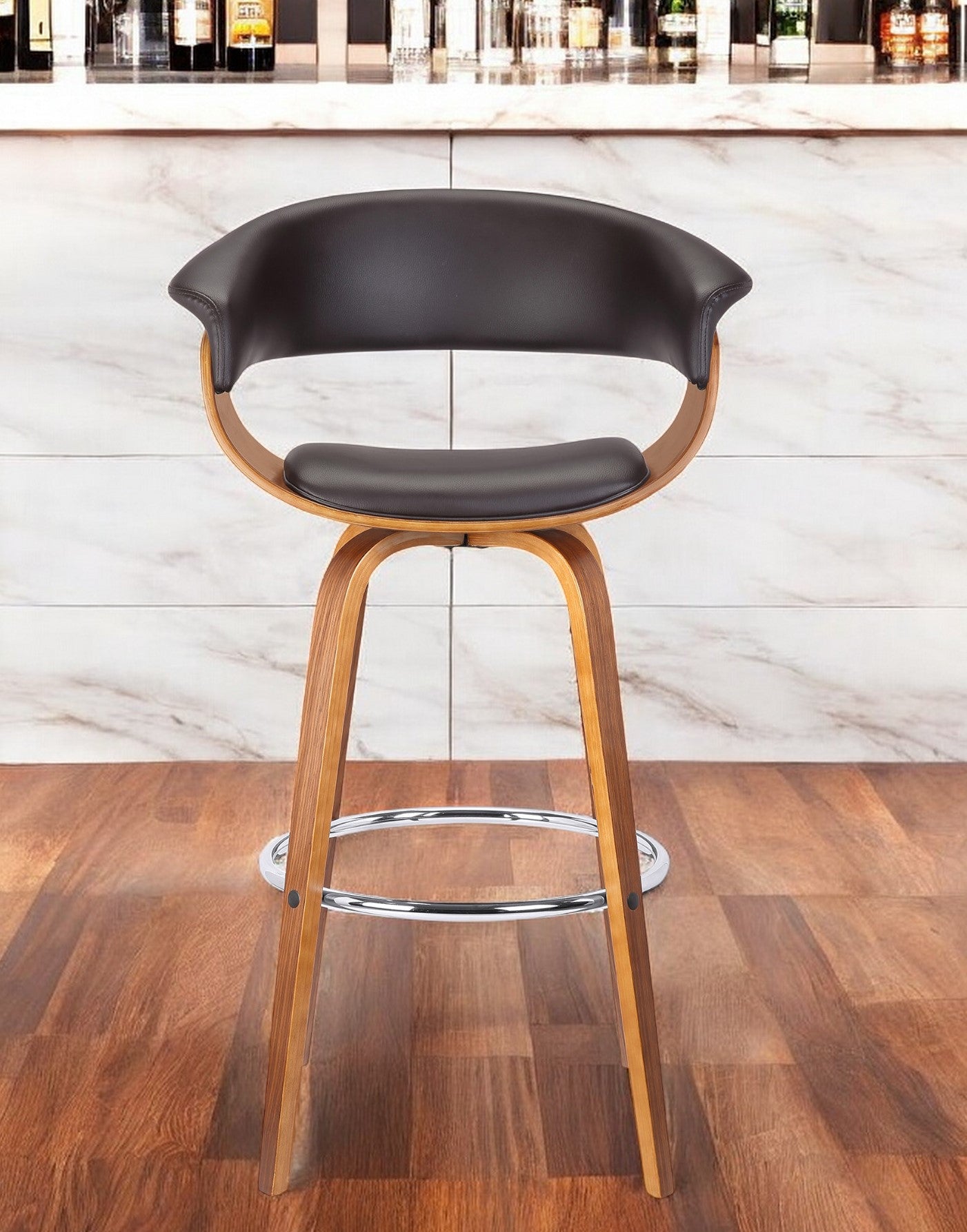 31" Brown Faux Leather And Solid Wood Swivel Low Back Bar Height Bar Chair-1