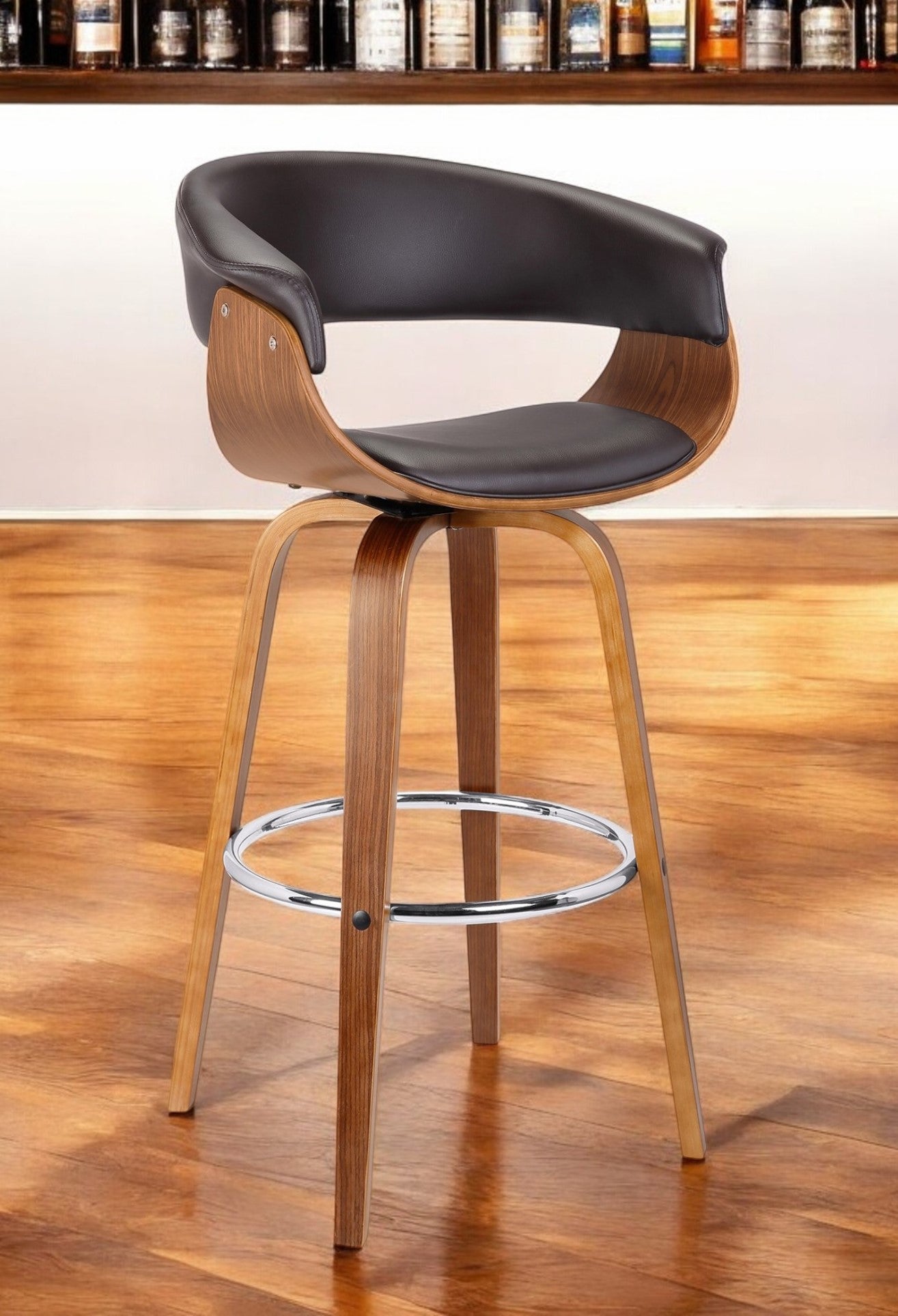 31" Brown Faux Leather And Solid Wood Swivel Low Back Bar Height Bar Chair-0