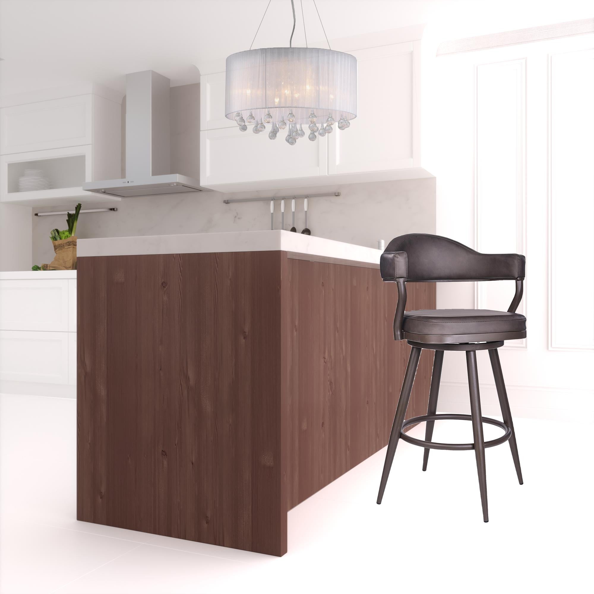 30" Brown Faux Leather And Iron Swivel Bar Height Bar Chair-1