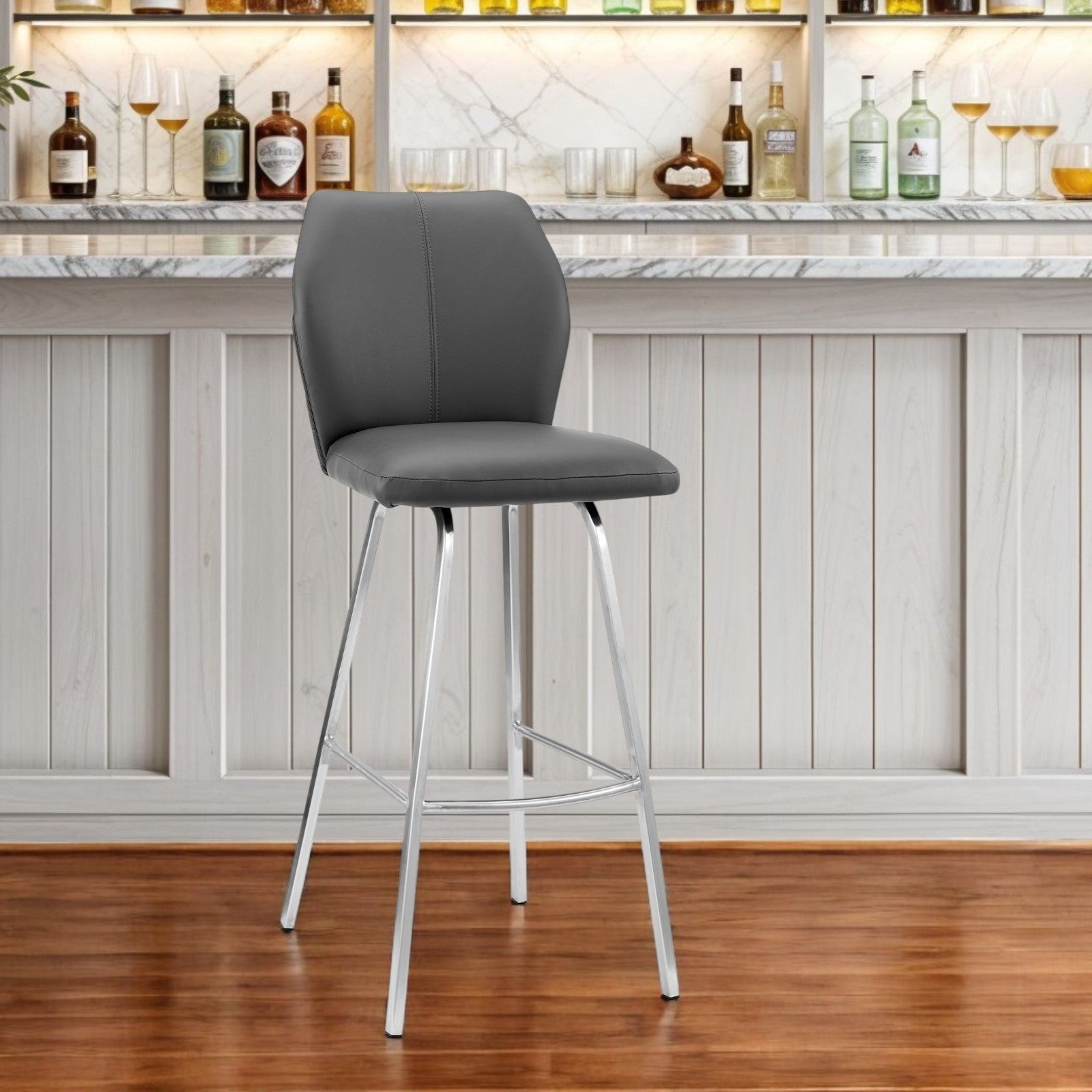 26" Gray And Silver Faux Leather And Iron Counter Height Bar Chair-0