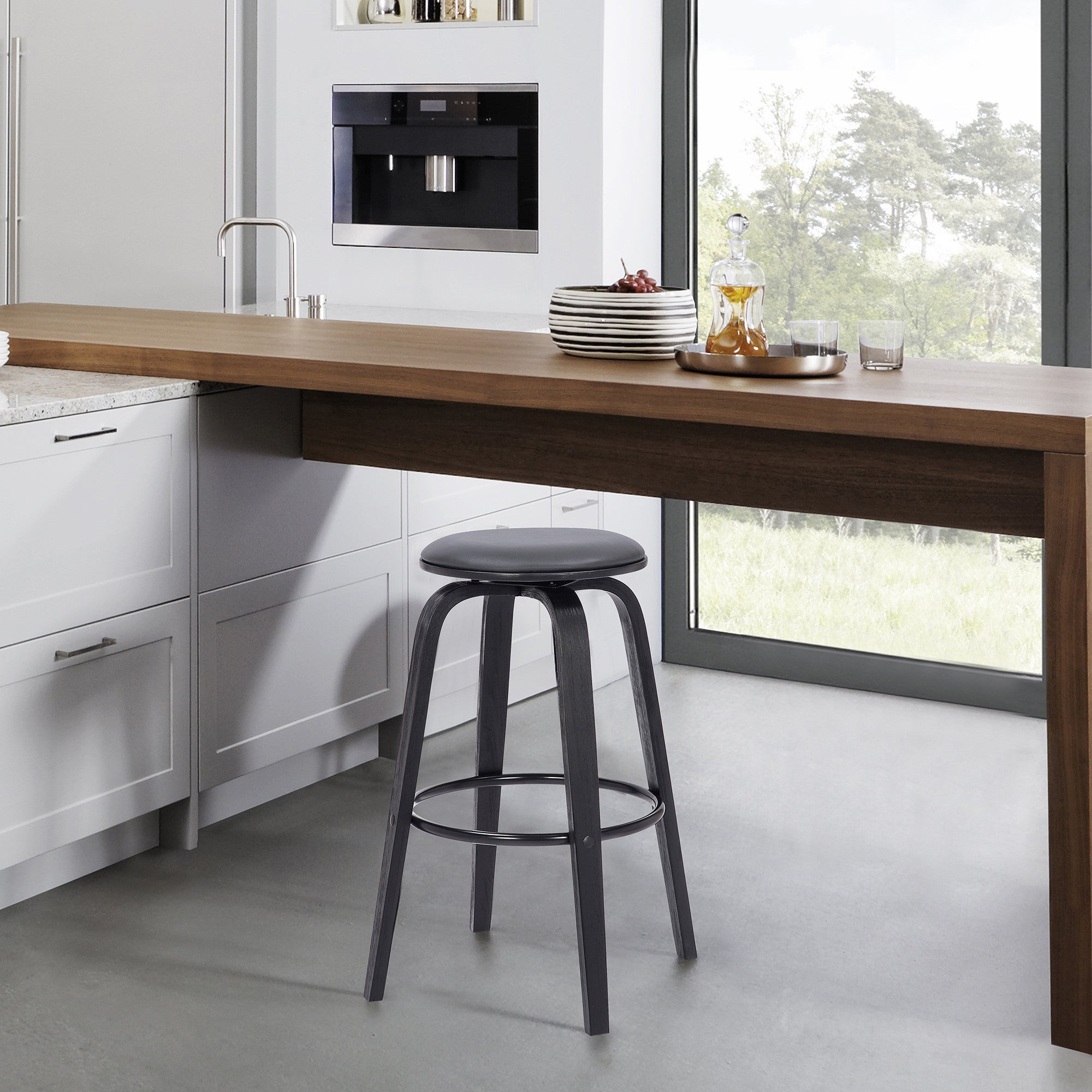 29" Gray And Black Solid Wood Swivel Backless Bar Height Bar Chair-7