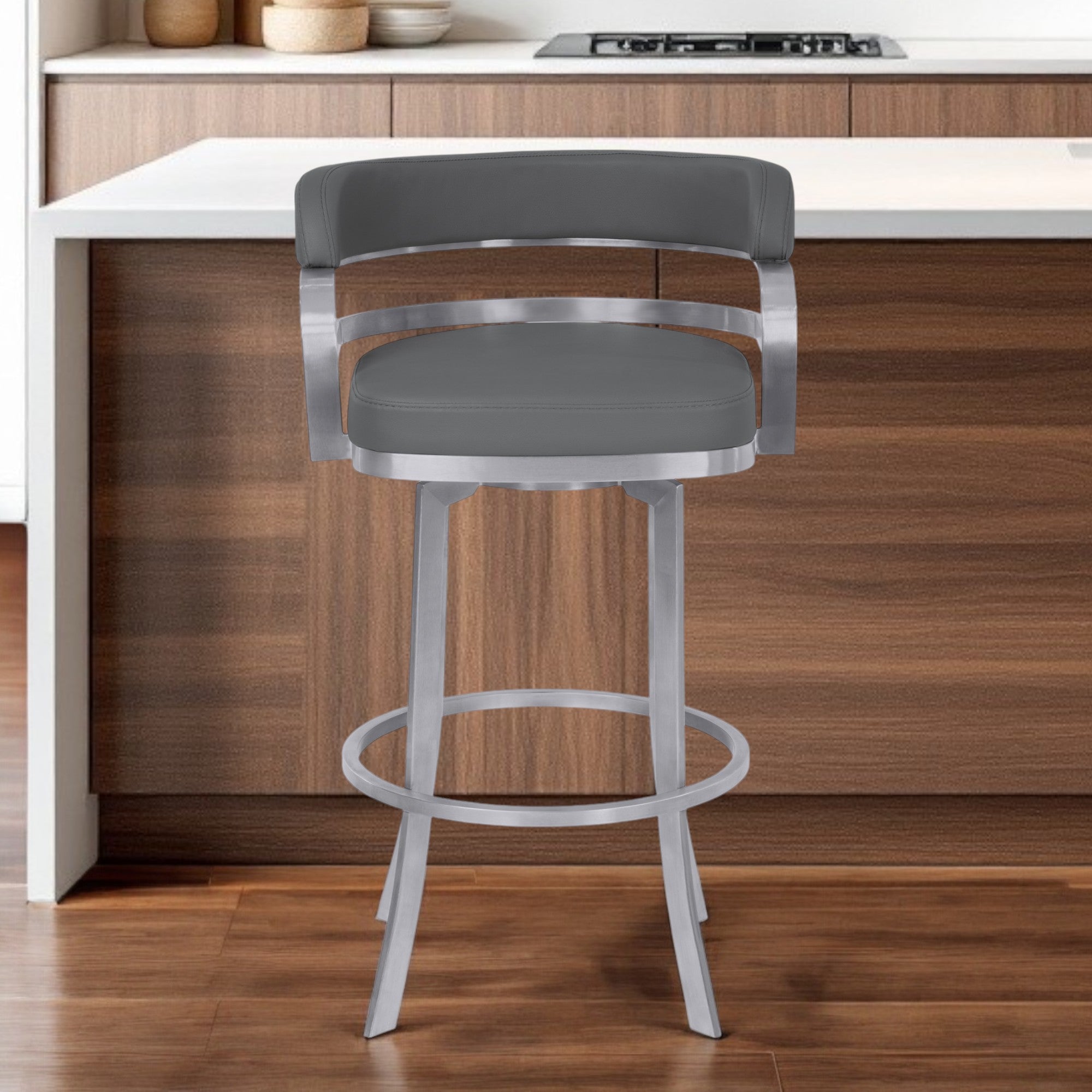 26" Gray And Silver Faux Leather And Iron Swivel Low Back Counter Height Bar Chair-0