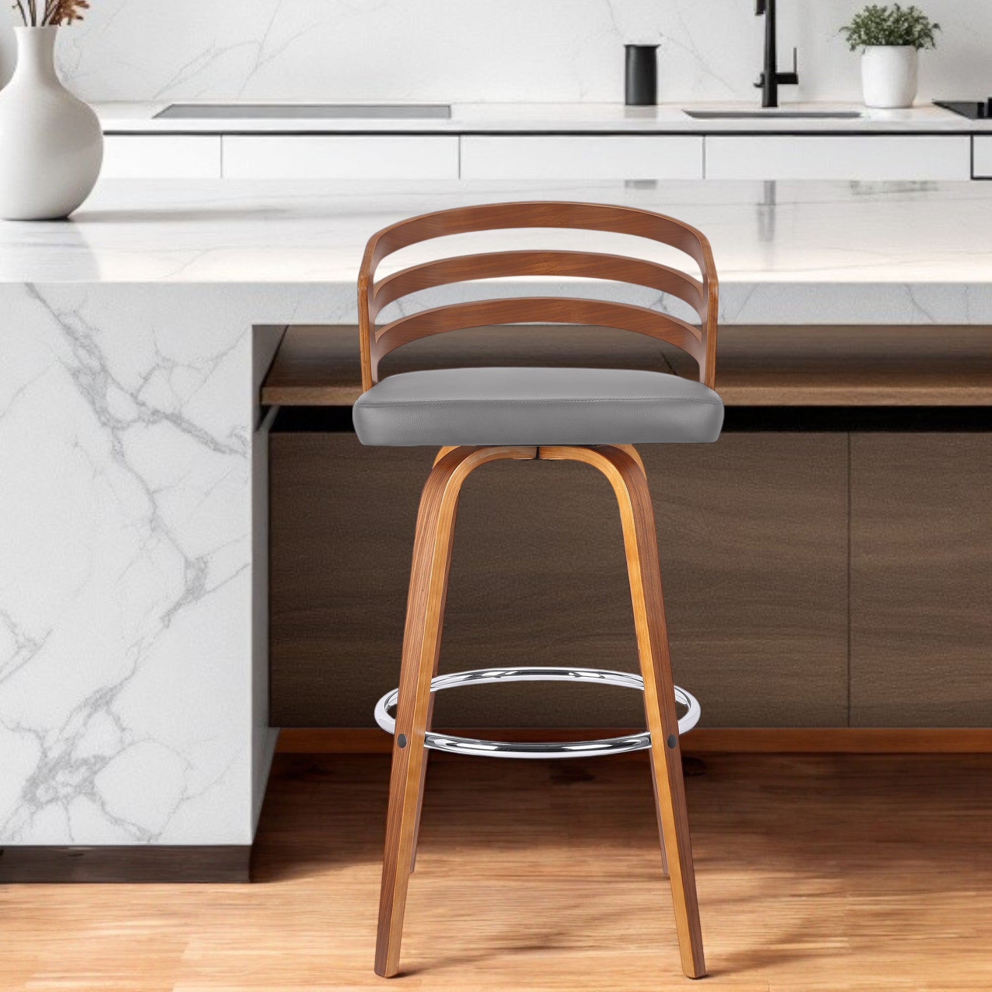 30" Gray and Brown Fabric and Iron Low Back Bar Height Swivel Bar Chair-0