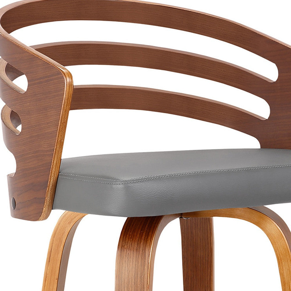 30" Gray and Brown Fabric and Iron Low Back Bar Height Swivel Bar Chair-4