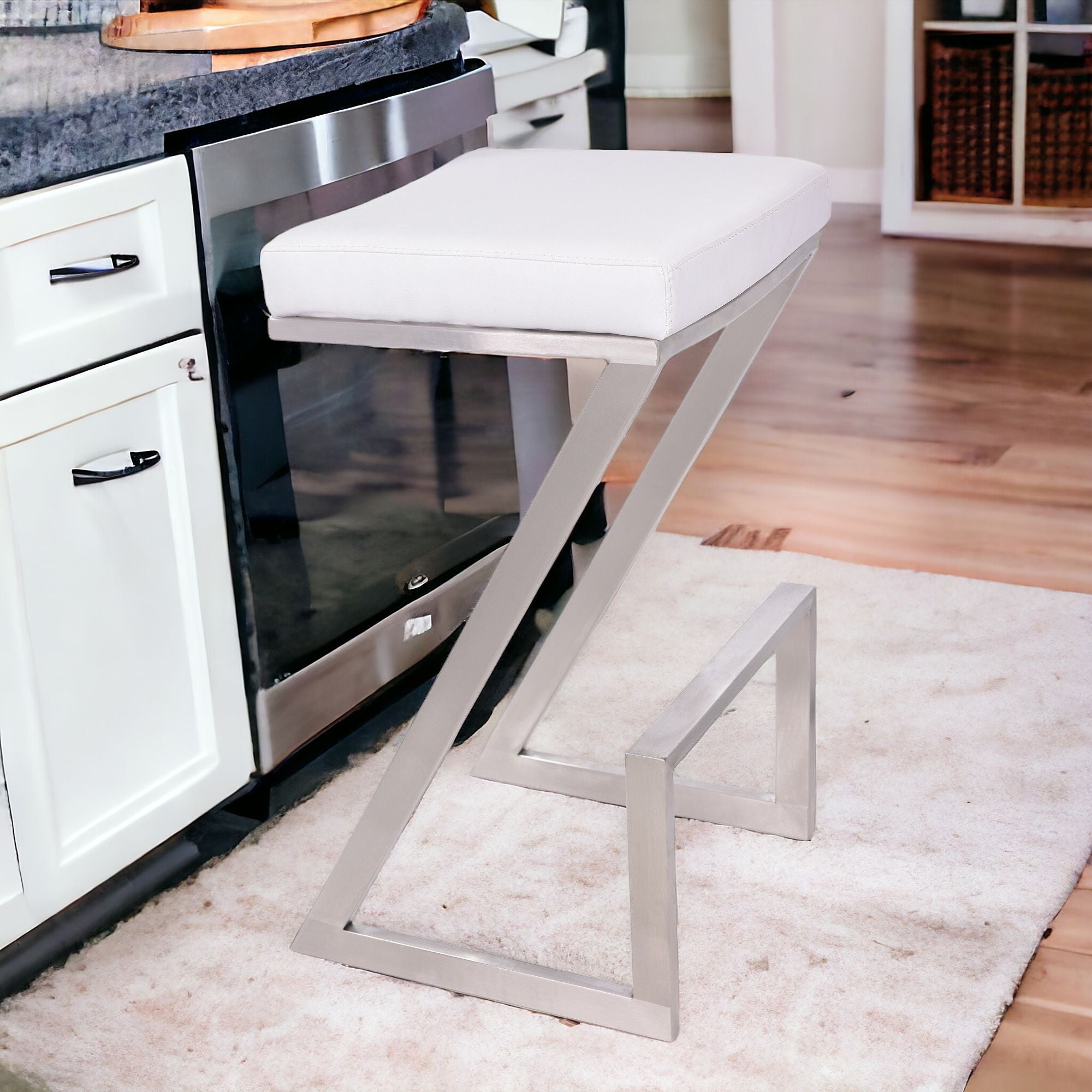 26" White And Silver Iron Backless Counter Height Bar Chair-2