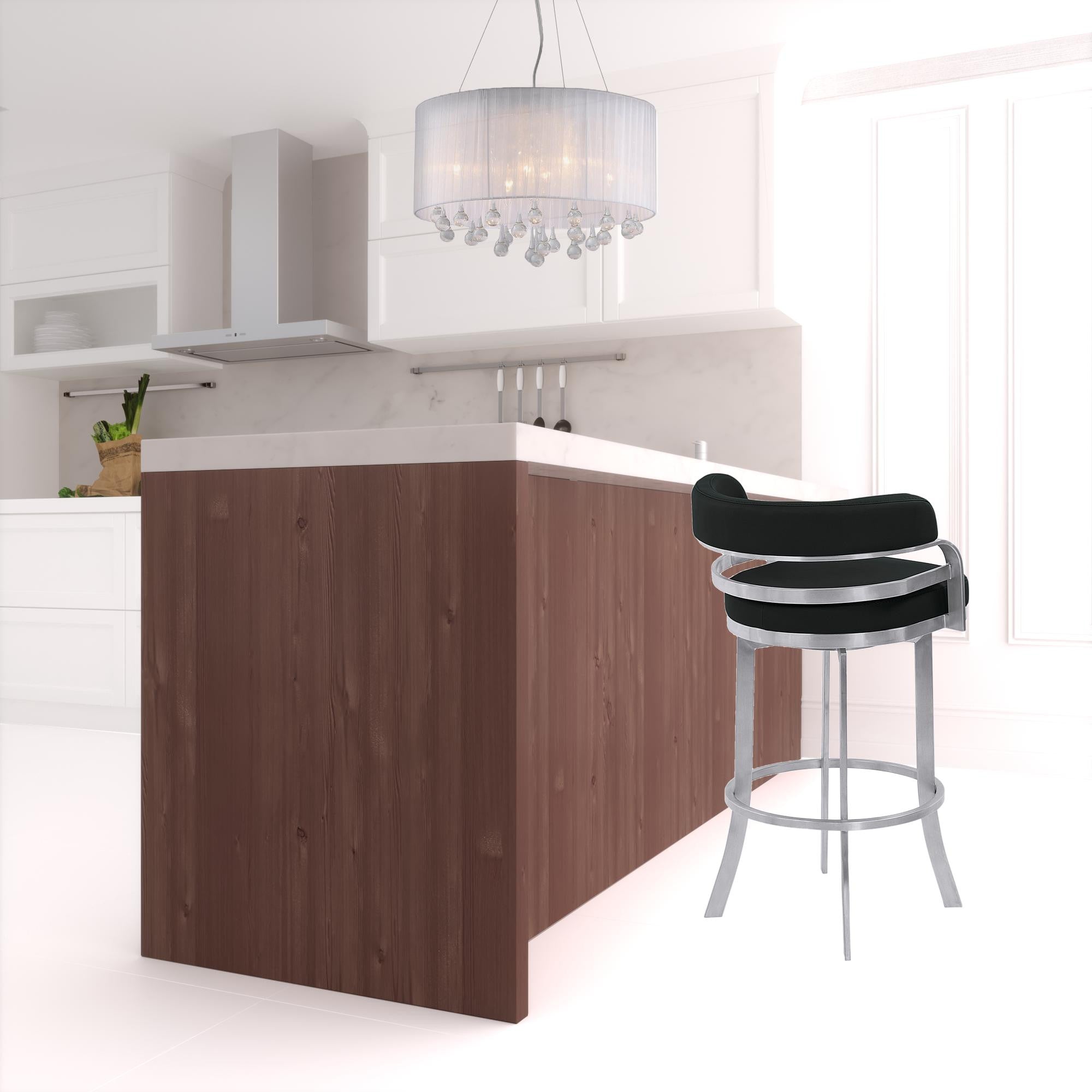 30" Black And Silver Faux Leather And Iron Swivel Low Back Bar Height Bar Chair-1