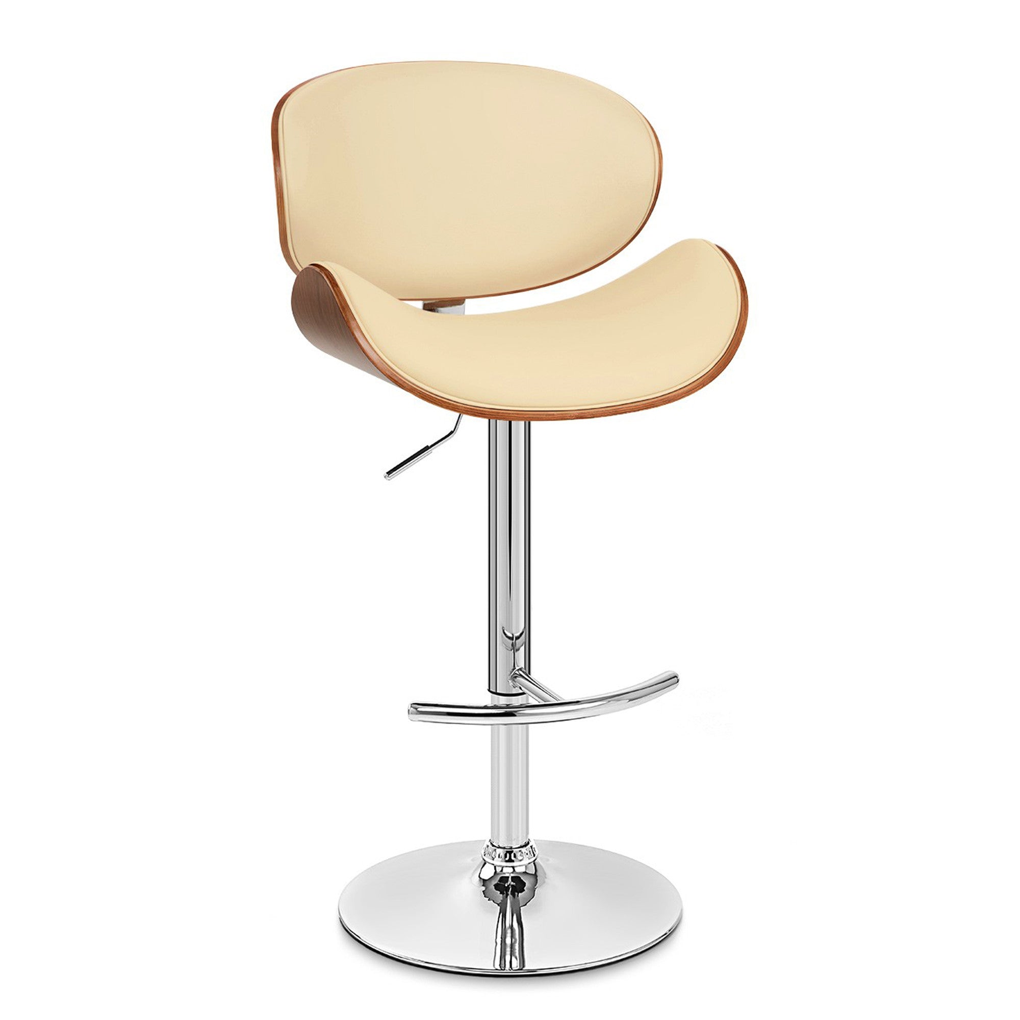 Cream and Silver Faux Leather and Solid Wood Low Back Adjustable Height Swivel Bar Chair-1