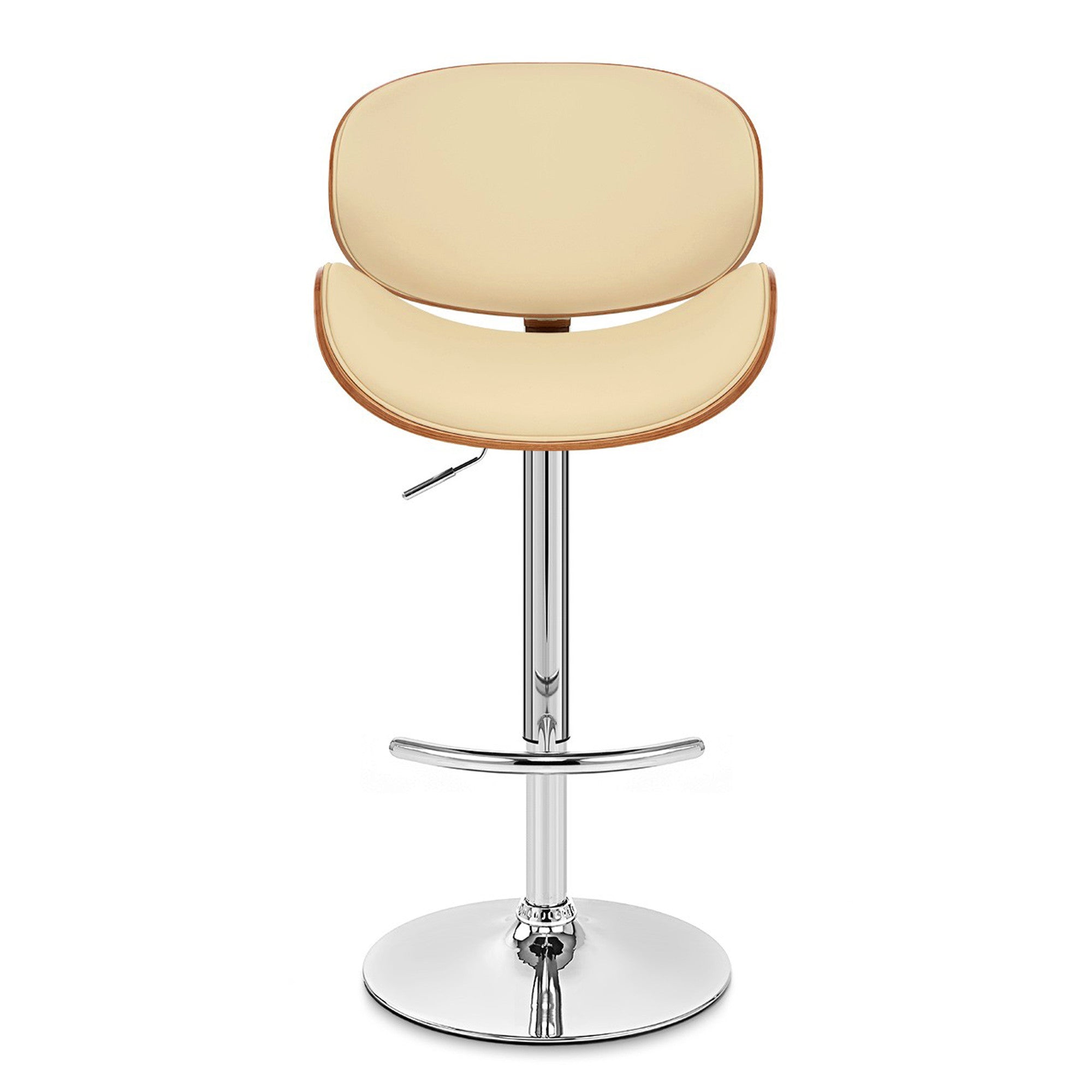 Cream and Silver Faux Leather and Solid Wood Low Back Adjustable Height Swivel Bar Chair-2