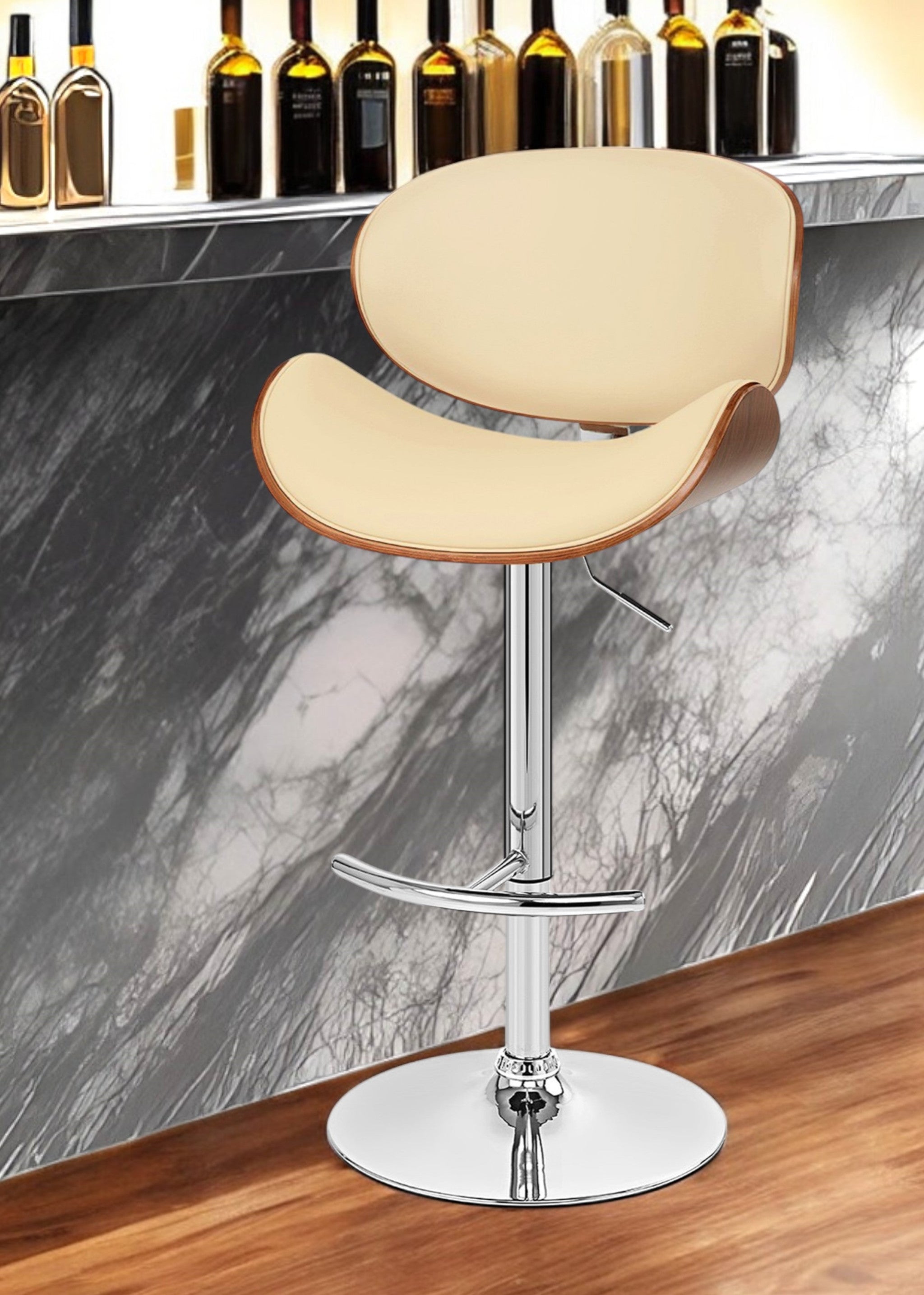 Cream and Silver Faux Leather and Solid Wood Low Back Adjustable Height Swivel Bar Chair-0