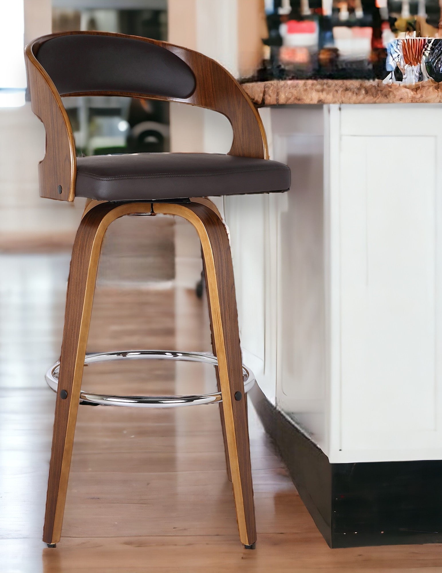 26" Brown Faux Leather And Solid Wood Swivel Low Back Counter Height Bar Chair-1