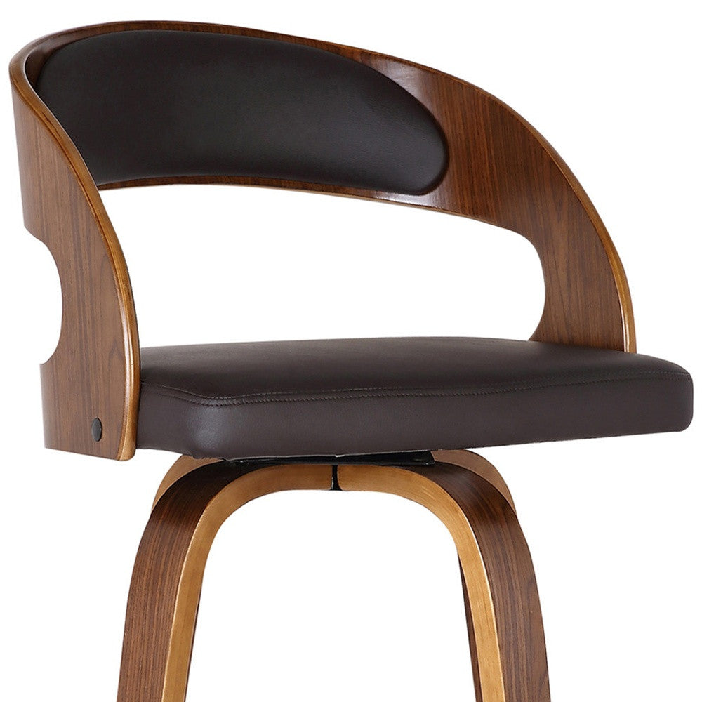 26" Brown Faux Leather And Solid Wood Swivel Low Back Counter Height Bar Chair-7