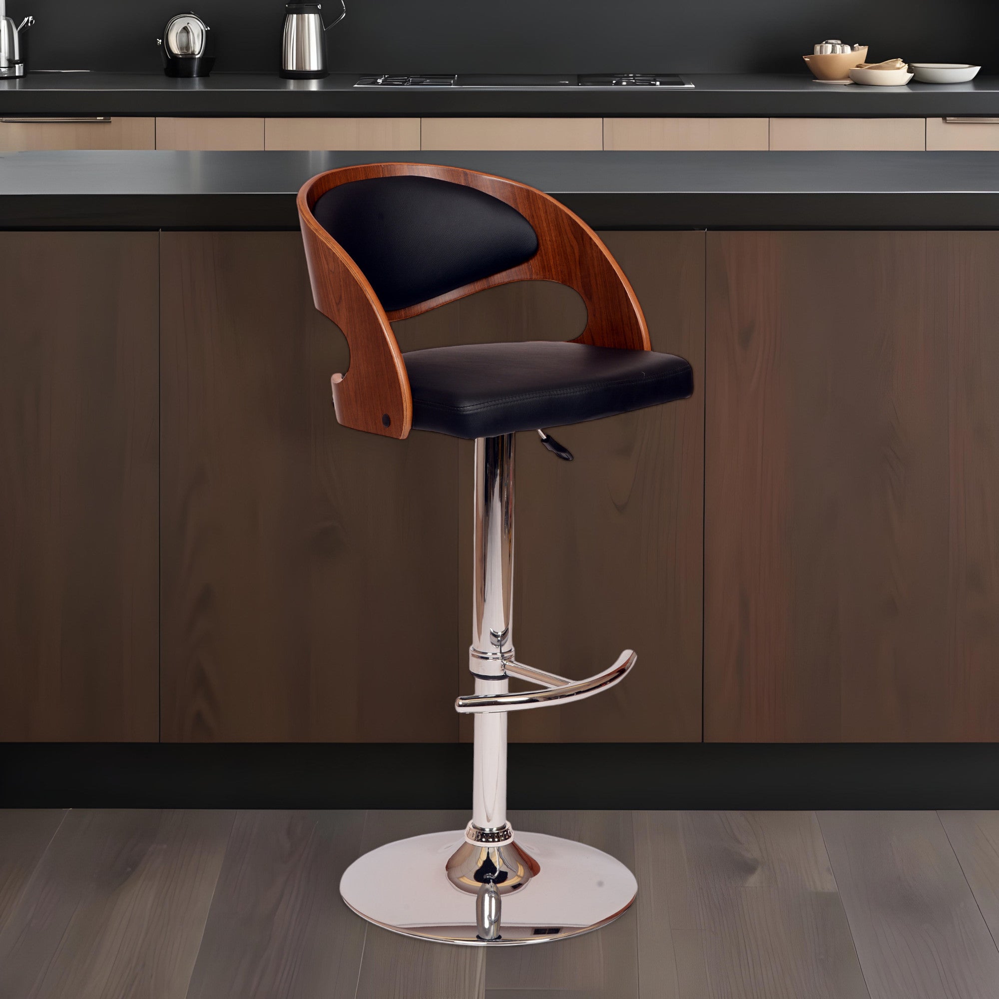 Black And Silver Faux Leather And Chrome Low Back Adjustable Height Swivel Bar Chair-0