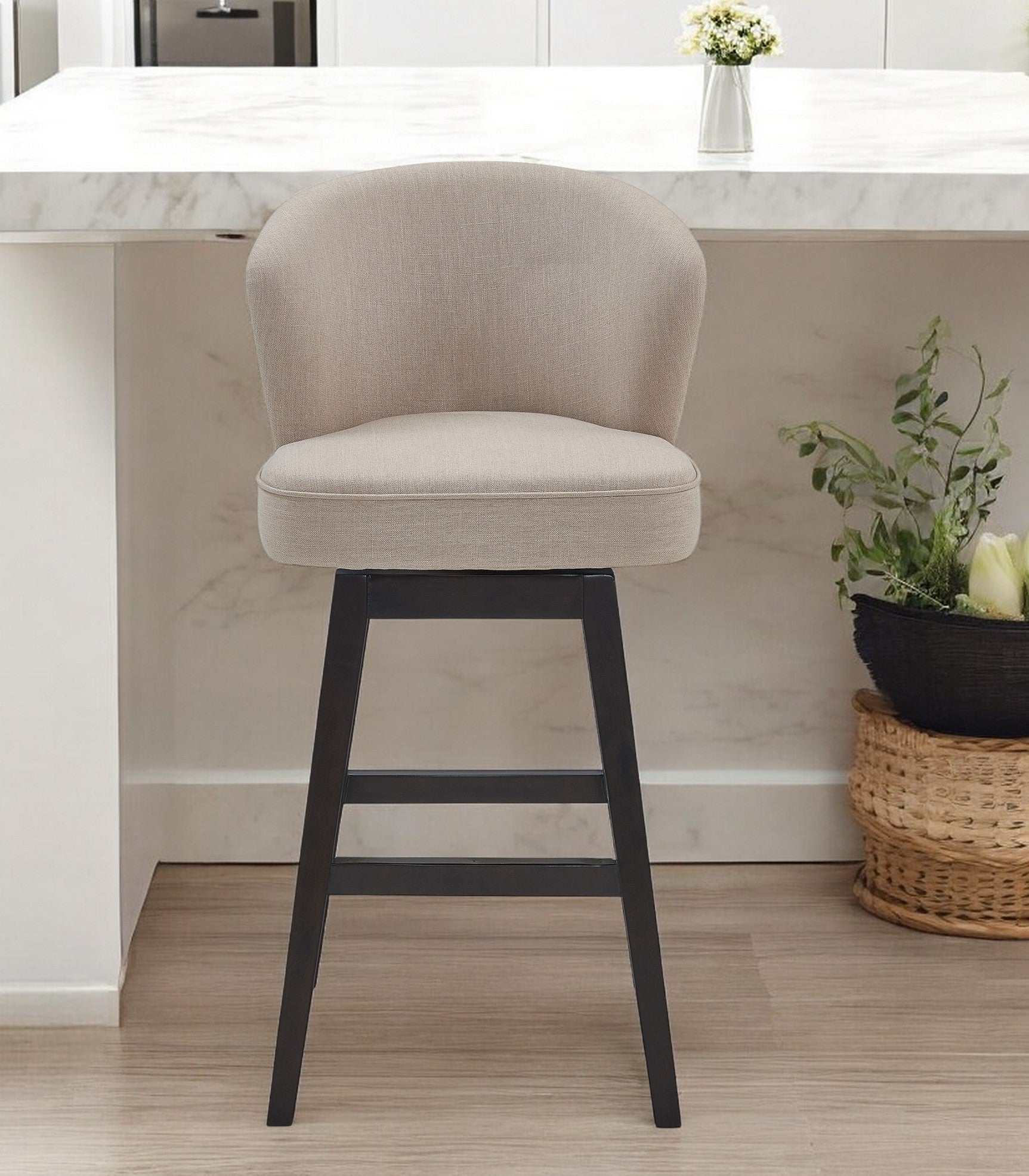 27" Tan and Espresso Fabric and Solid Wood Low Back Counter Height Swivel Bar Chair-0