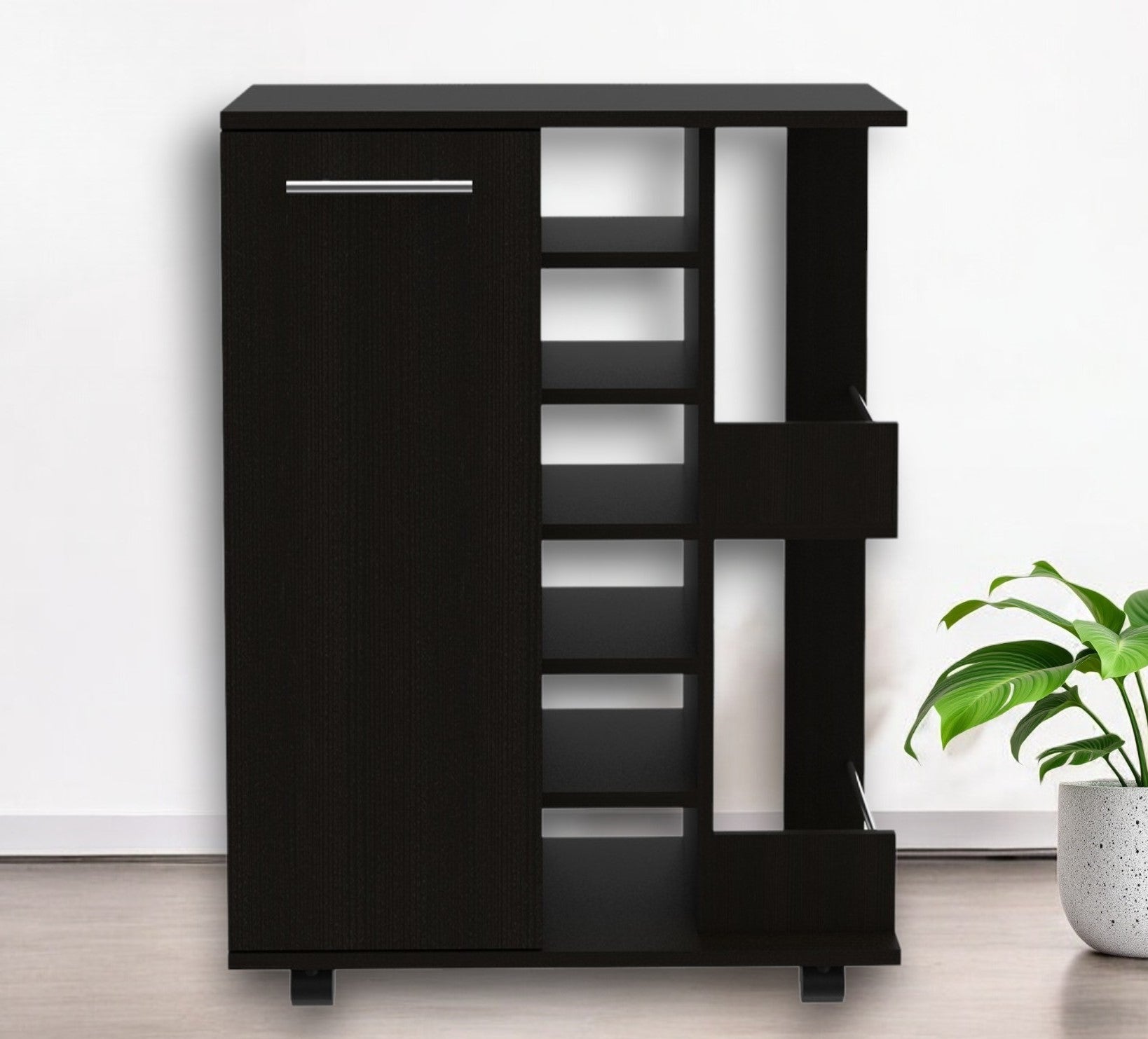 Black Rolling Bar Cart With Wine Storage-0