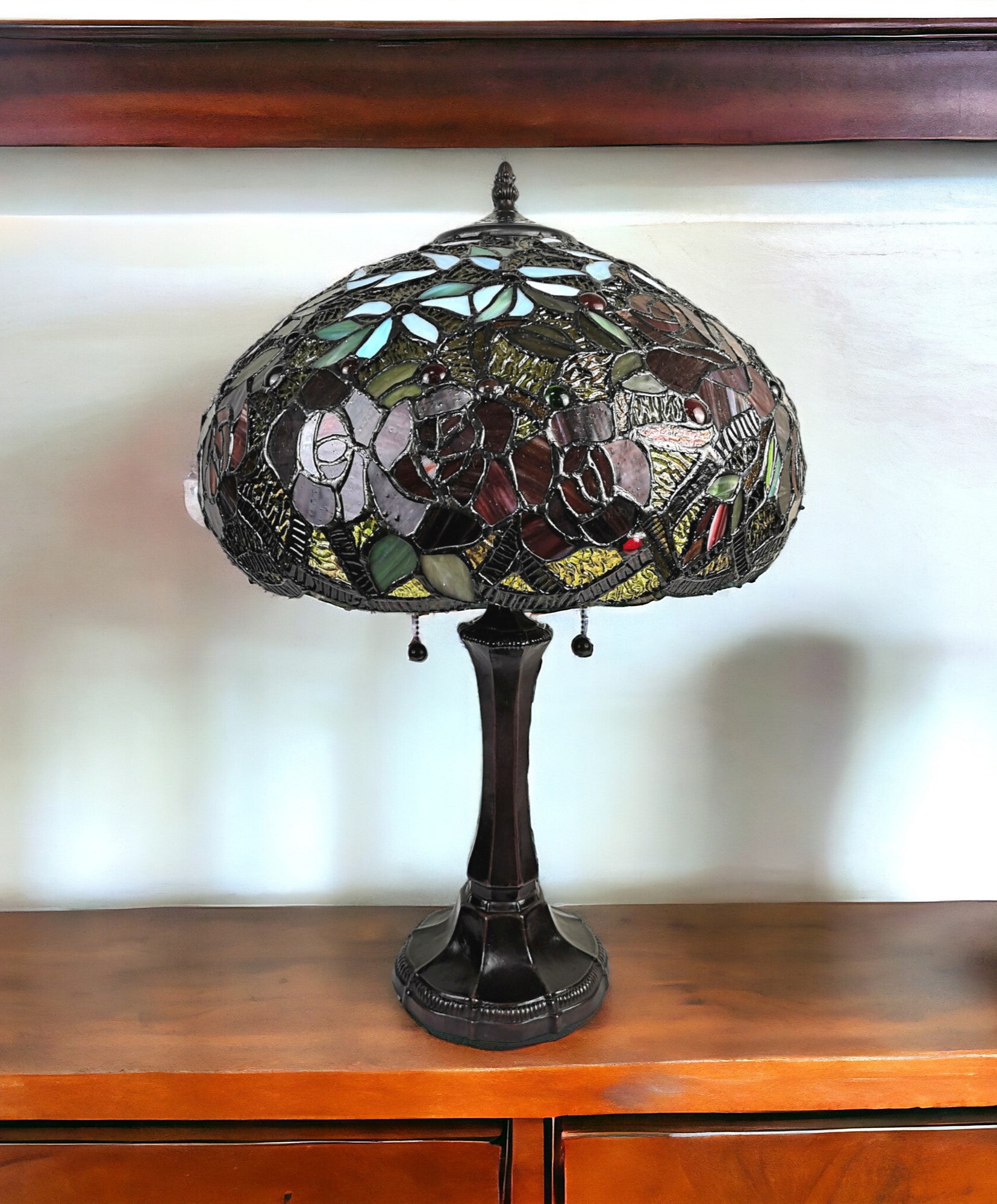 24" Dark Brown Metal Two Light Candlestick Table Lamp With Red Dome Shade-0