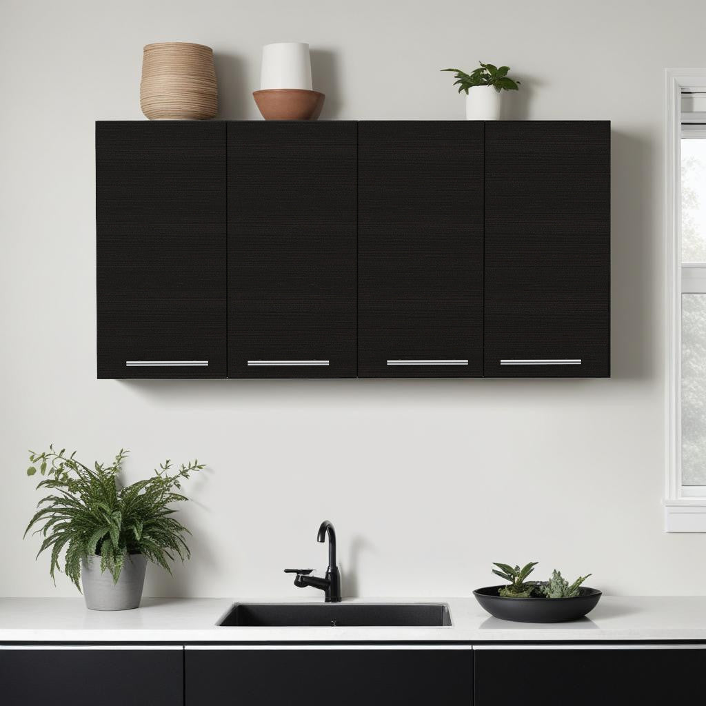 47" Black Wood Wall Mounted Accent Cabinet With Four Doors-0