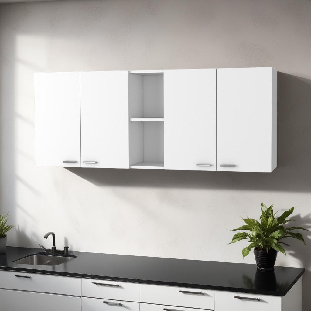 59" White Wood Wall Mounted Accent Cabinet With Four Doors-0