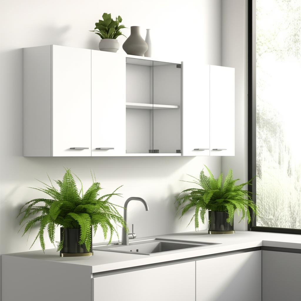 59" White Wood Wall Mounted China Cabinet With Six Doors-0