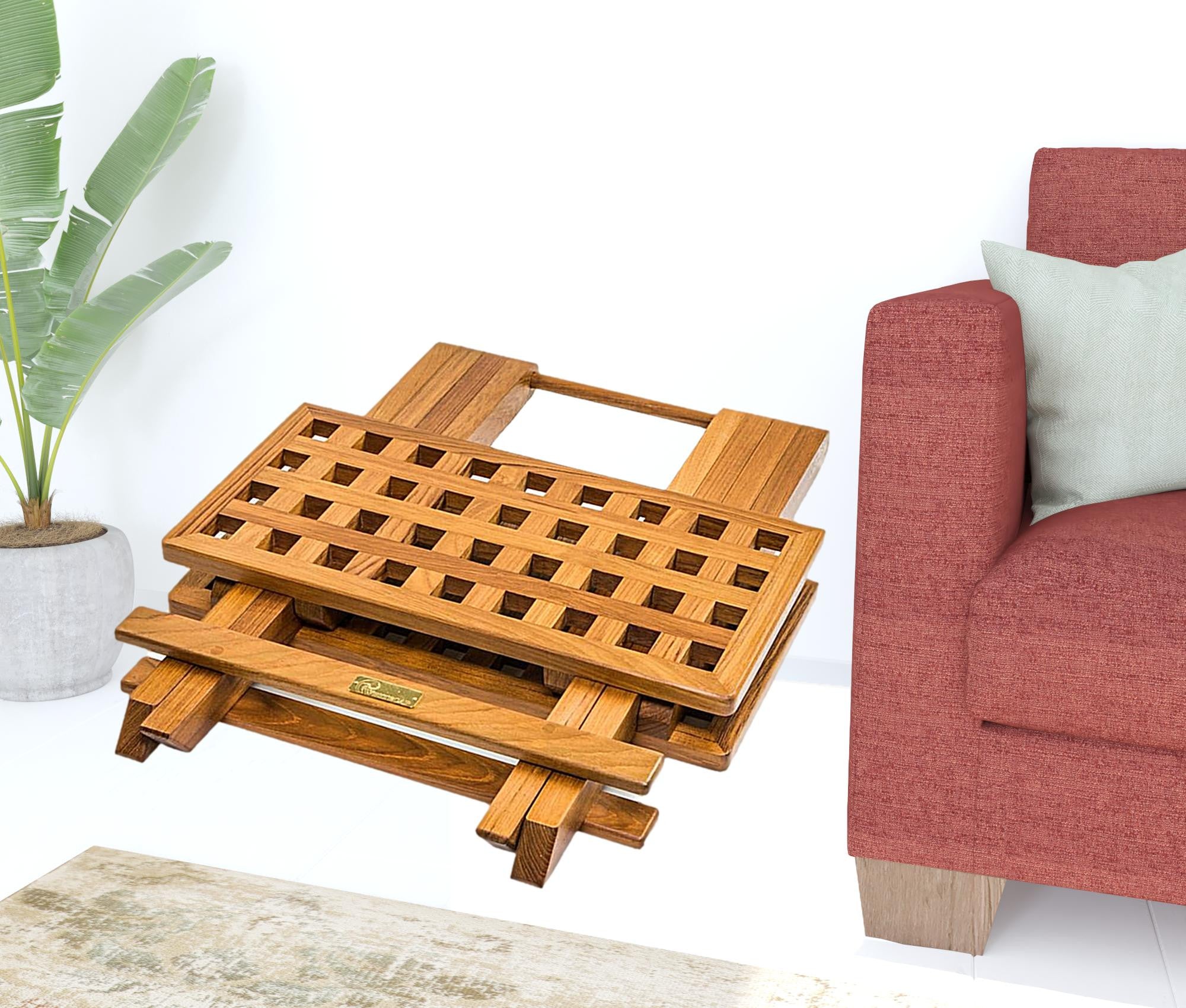 19" Brown Solid Teak Wood Square Indoor Outdoor Folding End Table-3