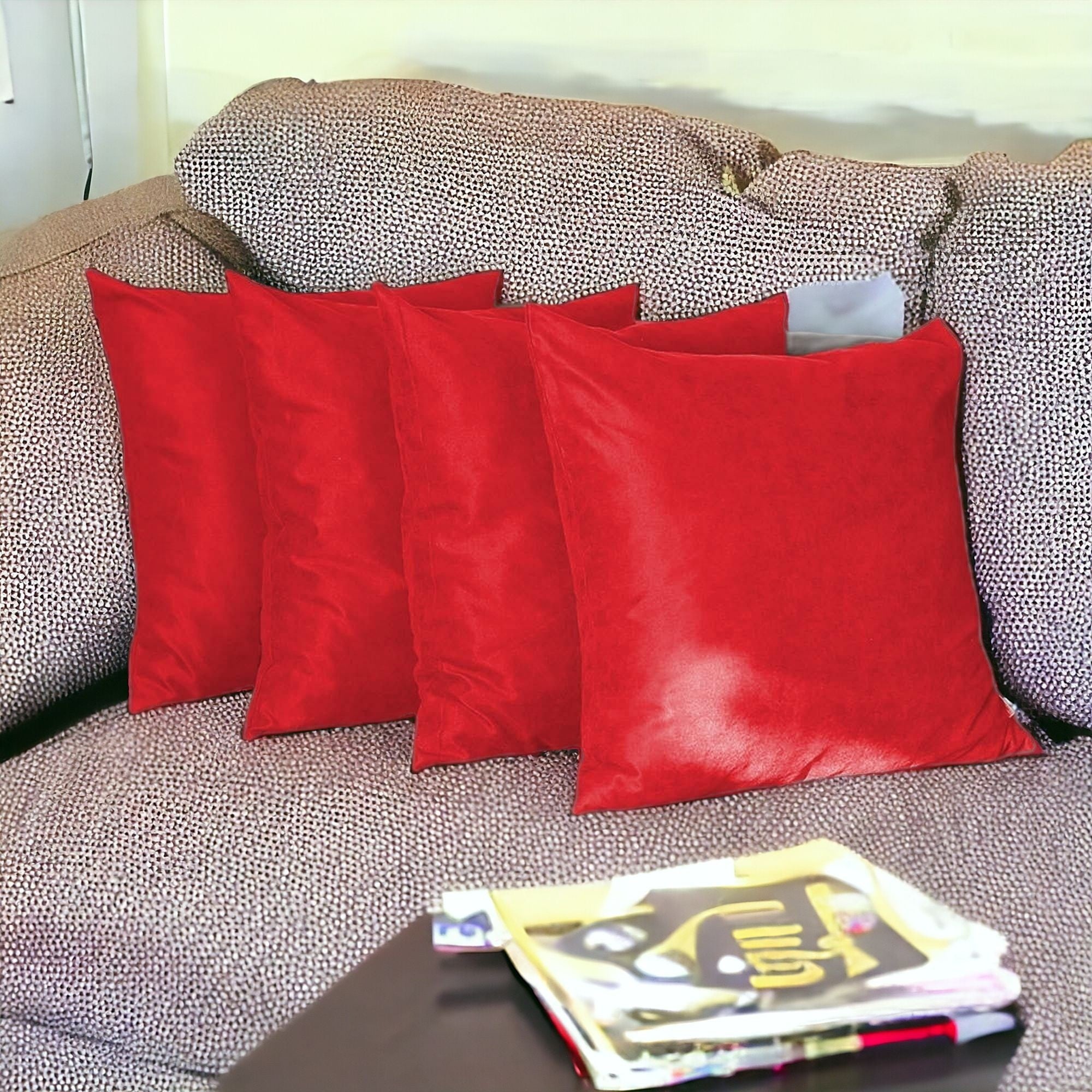 Set Of Four 26" X 26" Red Polyester Zippered Pillow Cover-0
