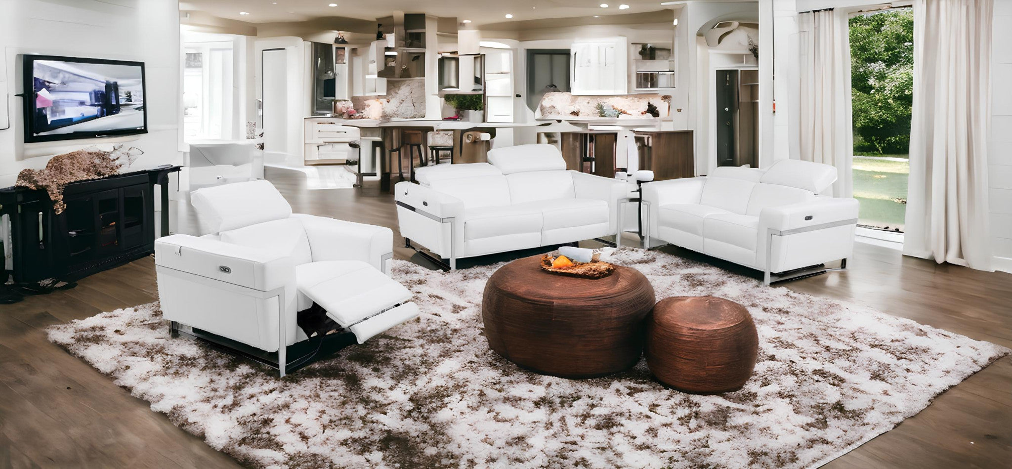 Three Piece White Italian Leather Six Person Seating Set-0