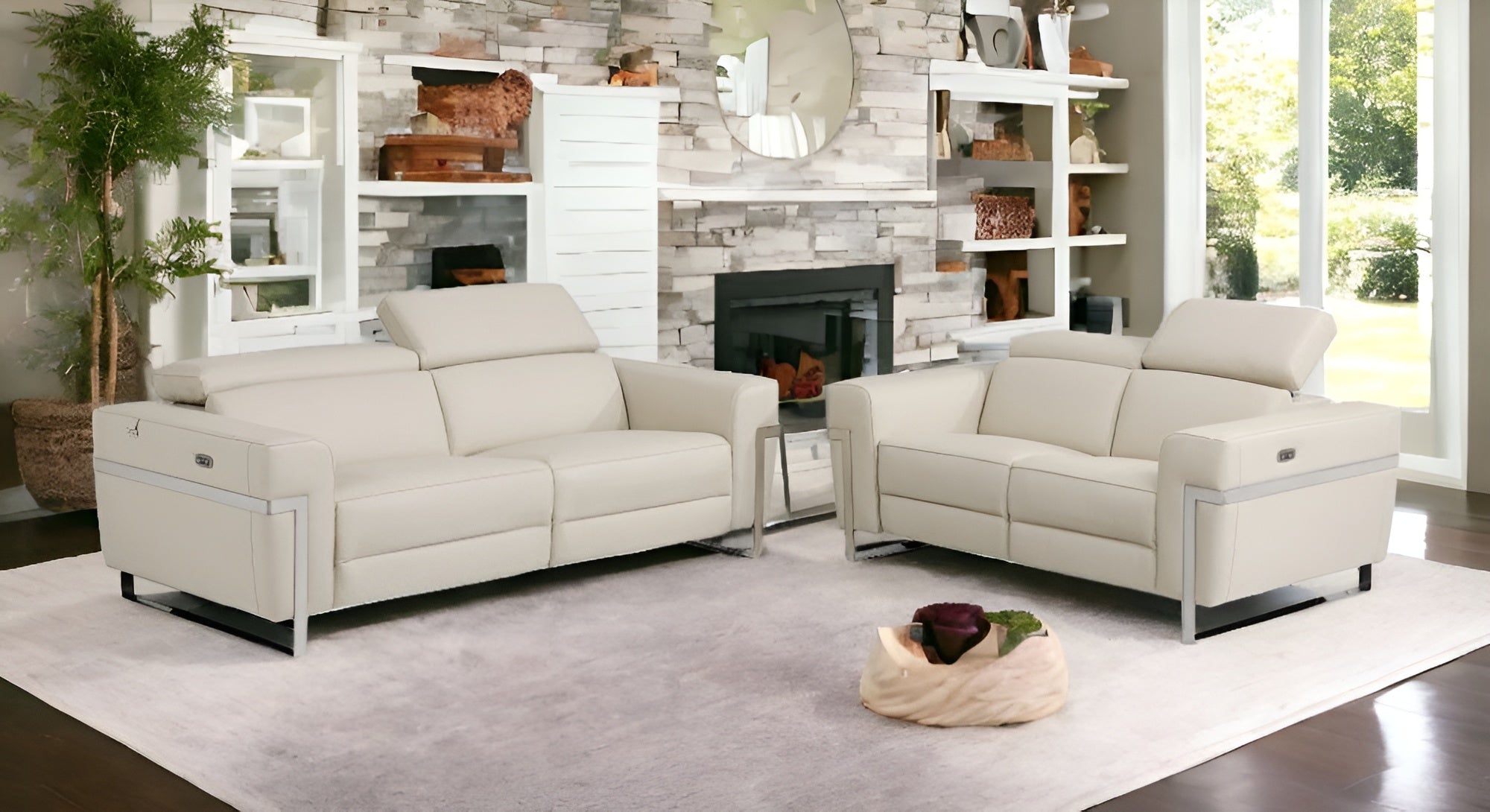 Two Piece Indoor Beige Italian Leather Five Person Seating Set-0