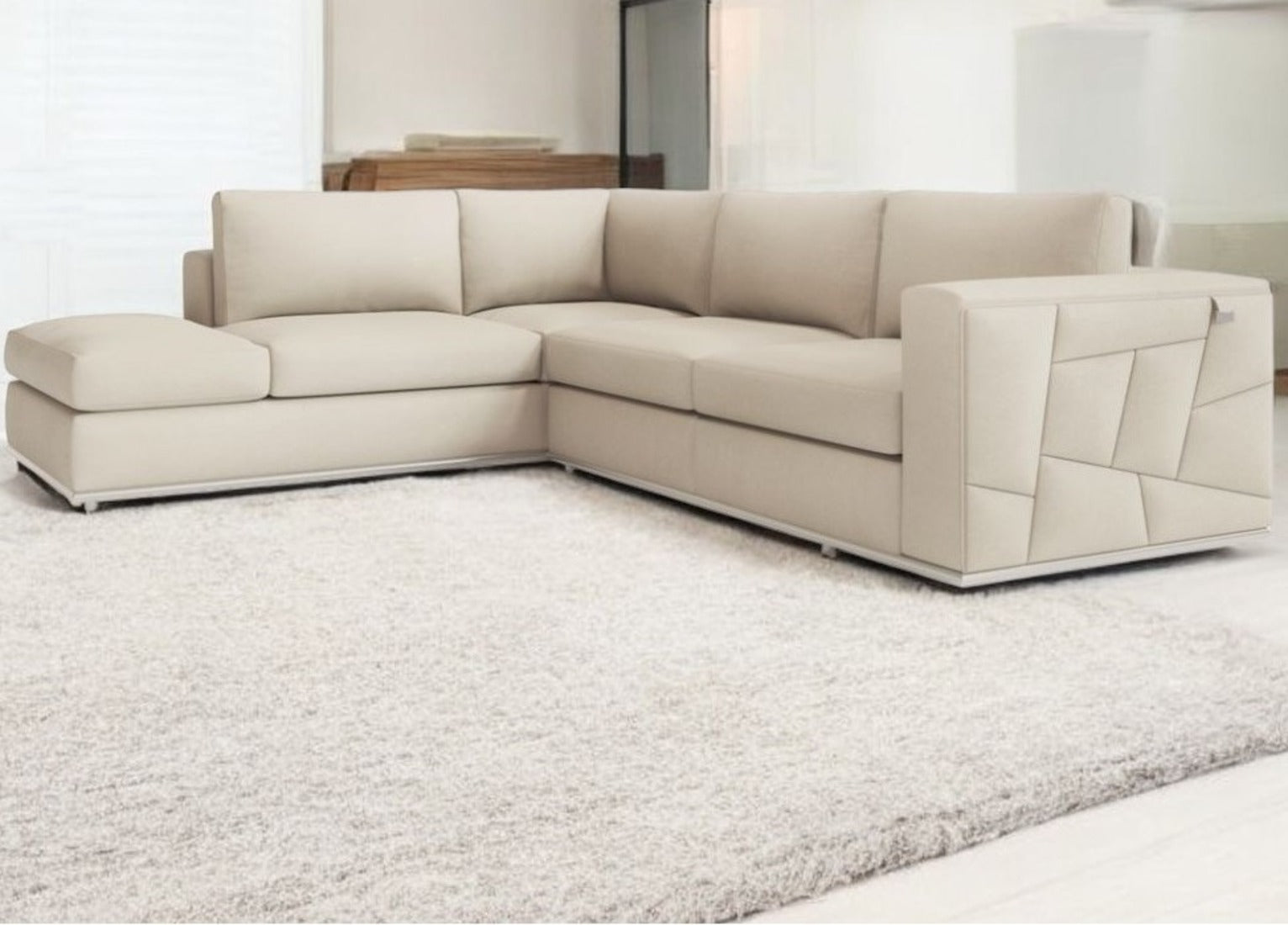 Beige Italian Leather Reclining L Shaped Two Piece Corner Sectional-1