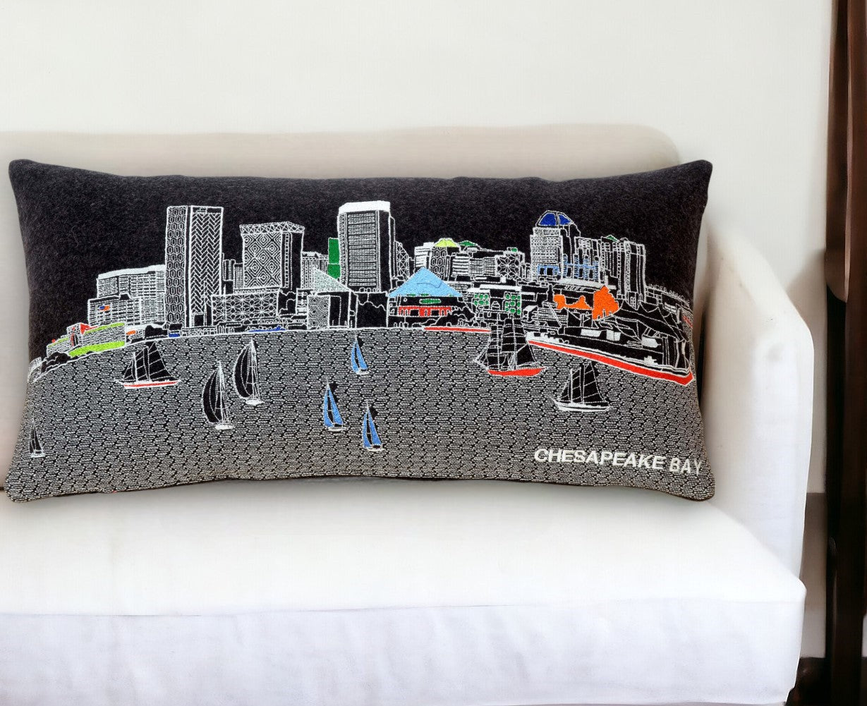 25" Black Austin Nighttime Skyline Lumbar Decorative Pillow-0
