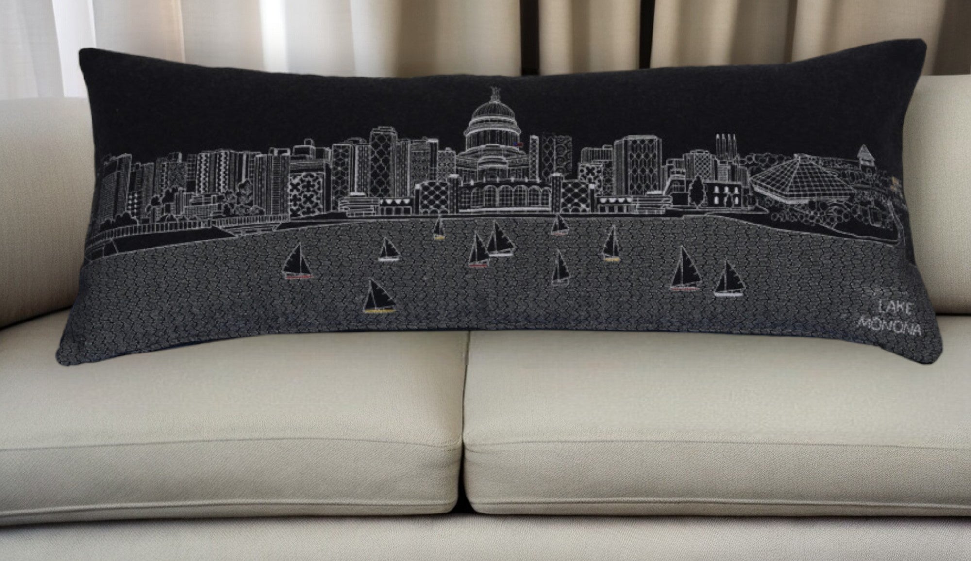 35" Black Madison Nighttime Skyline Lumbar Decorative Pillow-0