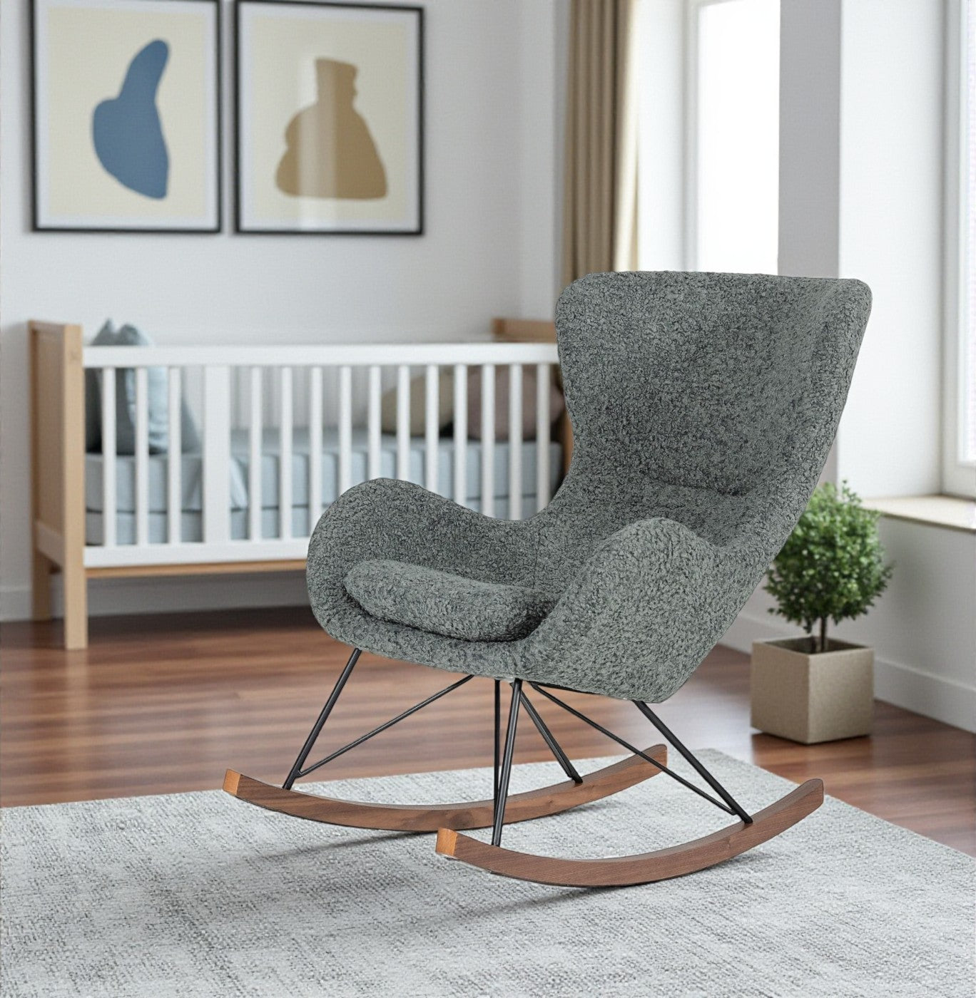 30" Gray and Brown Faux Fur Metal And Solid Wood Rocking Chair-0