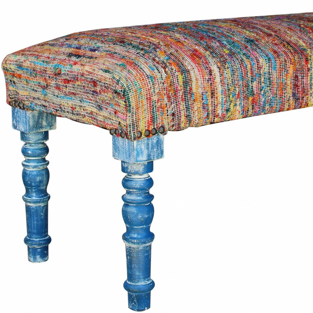 47" Rainbow Stripe Blue Leg Upholstered Bench-6