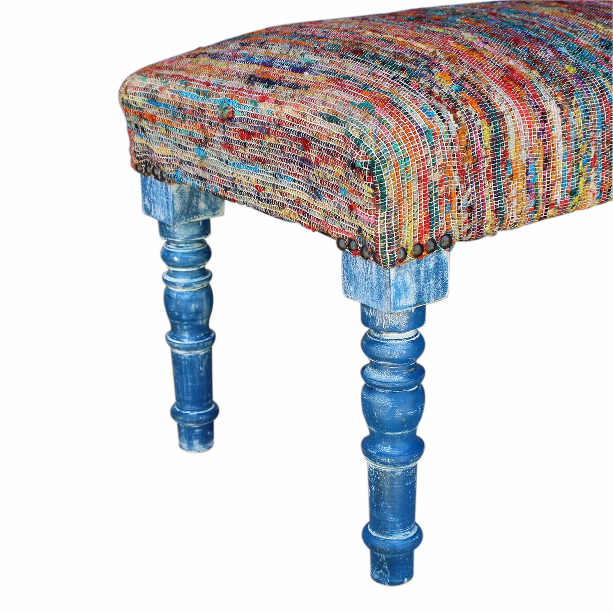 47" Rainbow Stripe Blue Leg Upholstered Bench-4