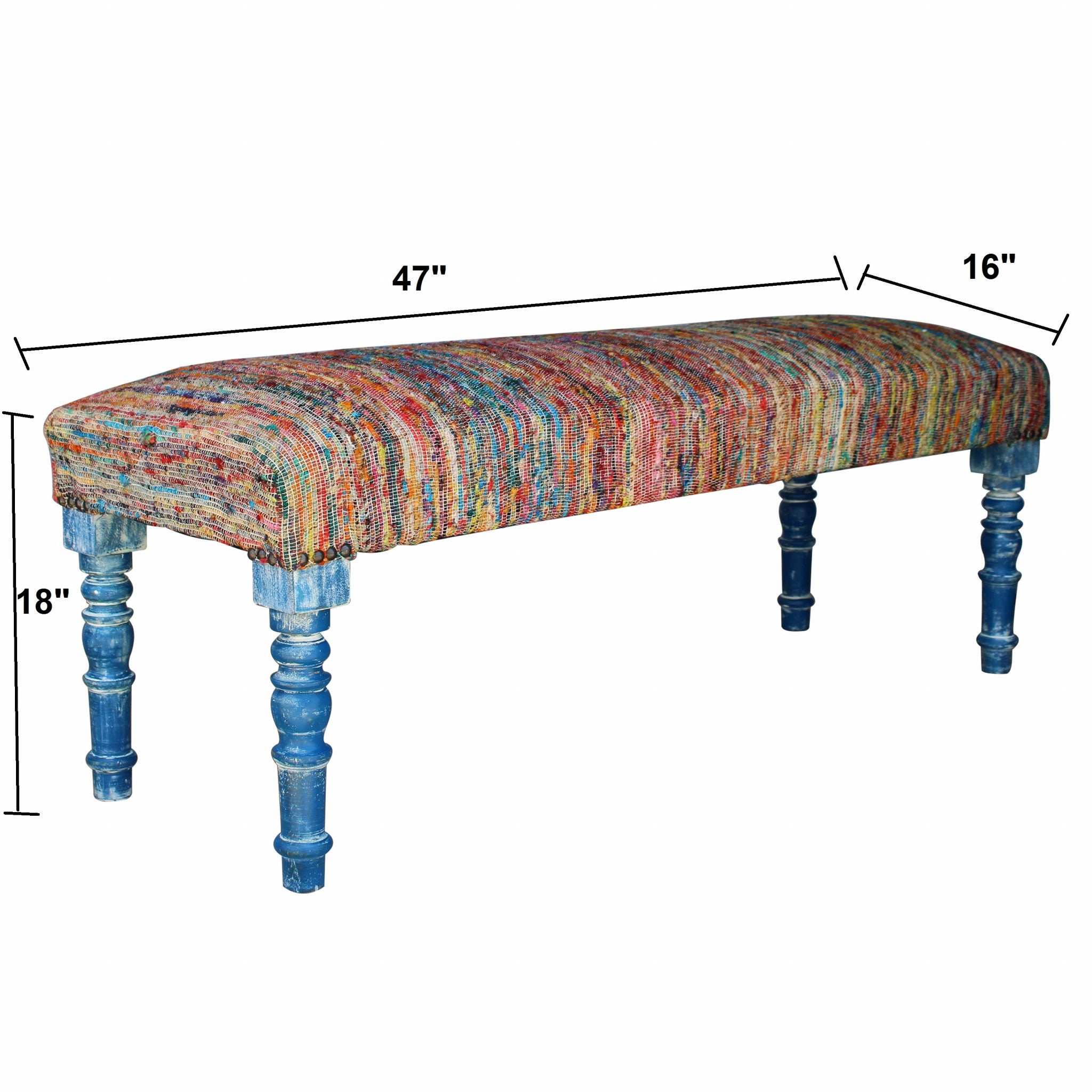 47" Rainbow Stripe Blue Leg Upholstered Bench-7