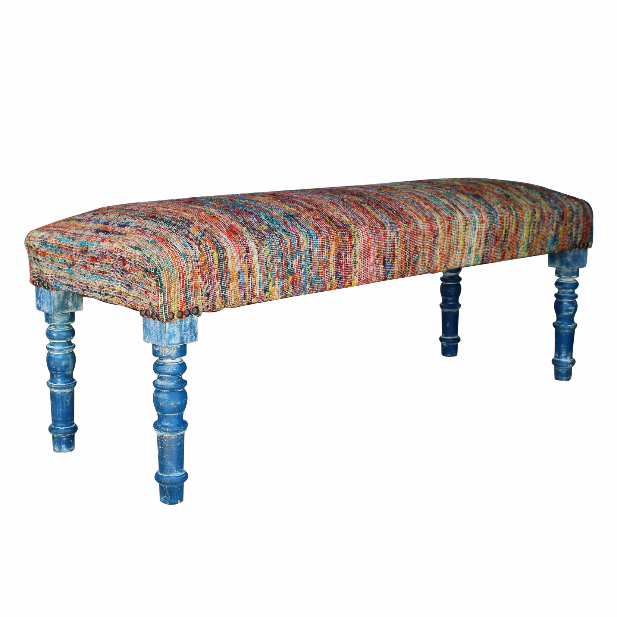 47" Rainbow Stripe Blue Leg Upholstered Bench-1