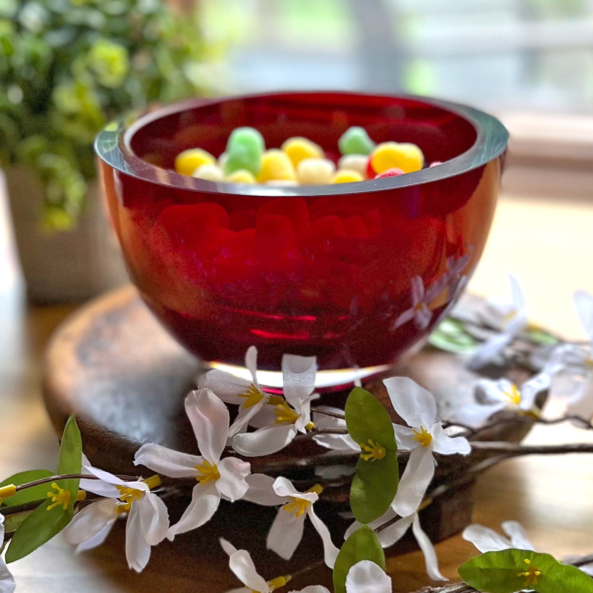 6" Red Mouth Blown Crystal Thick Walled Bowl-4