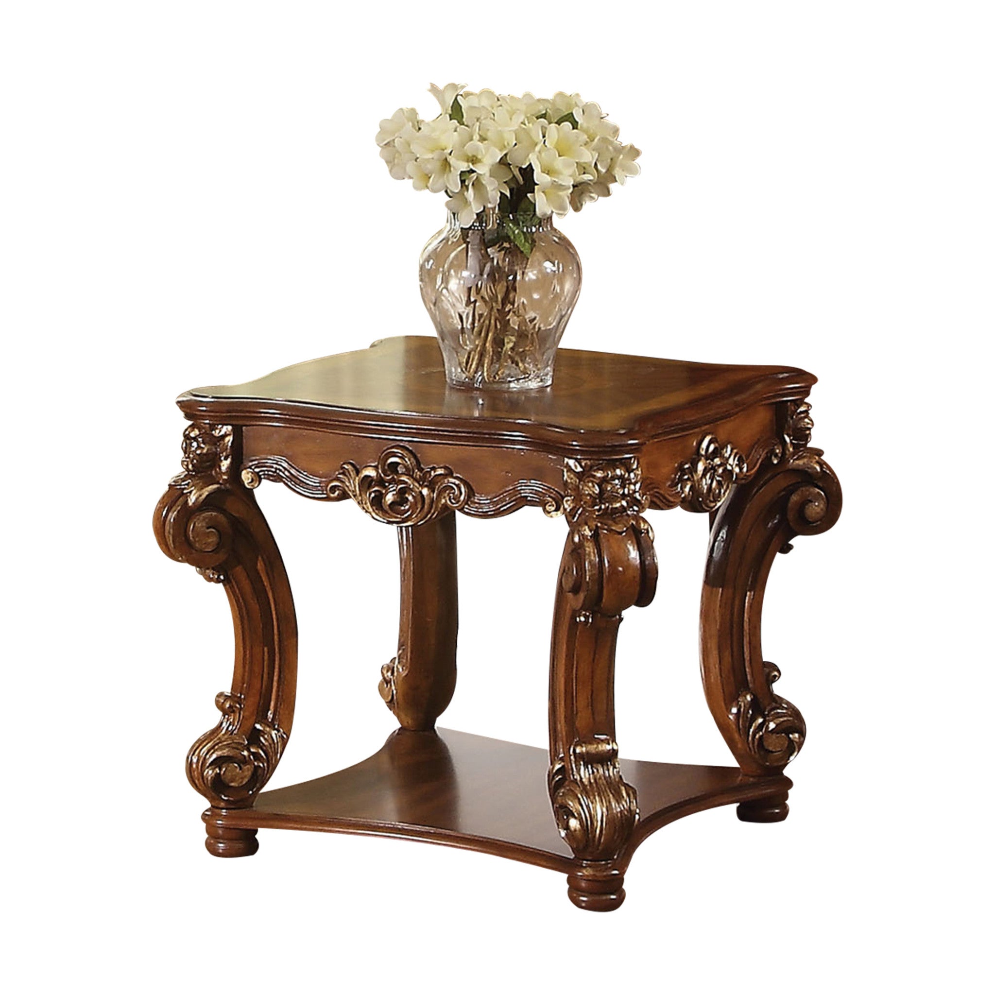 26" Cherry Manufactured Wood And Solid Wood Square End Table With Shelf-1