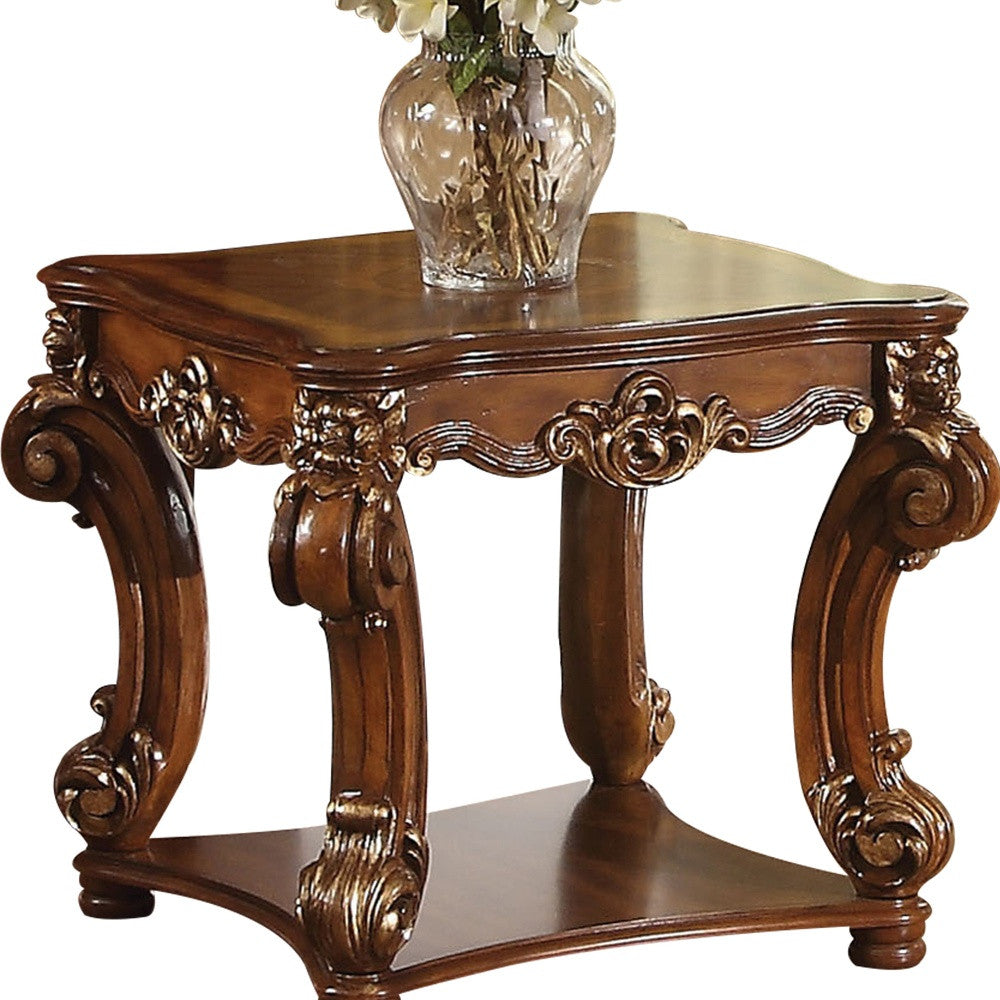 26" Cherry Manufactured Wood And Solid Wood Square End Table With Shelf-3