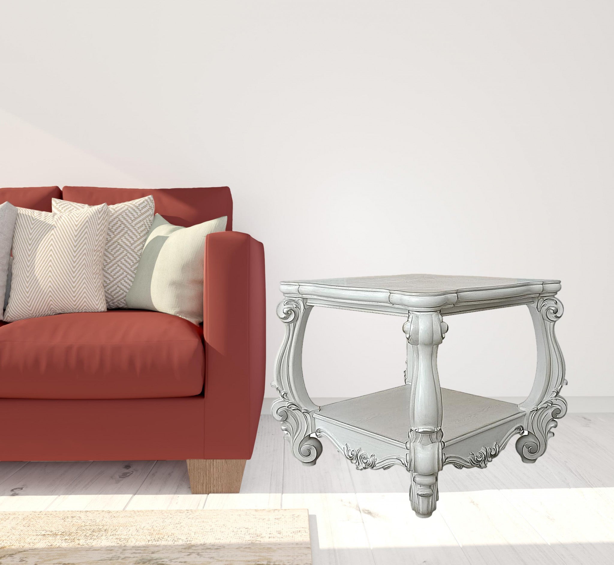 26" Antiqued White Manufactured Wood Square Scroll End Table With Shelf-3