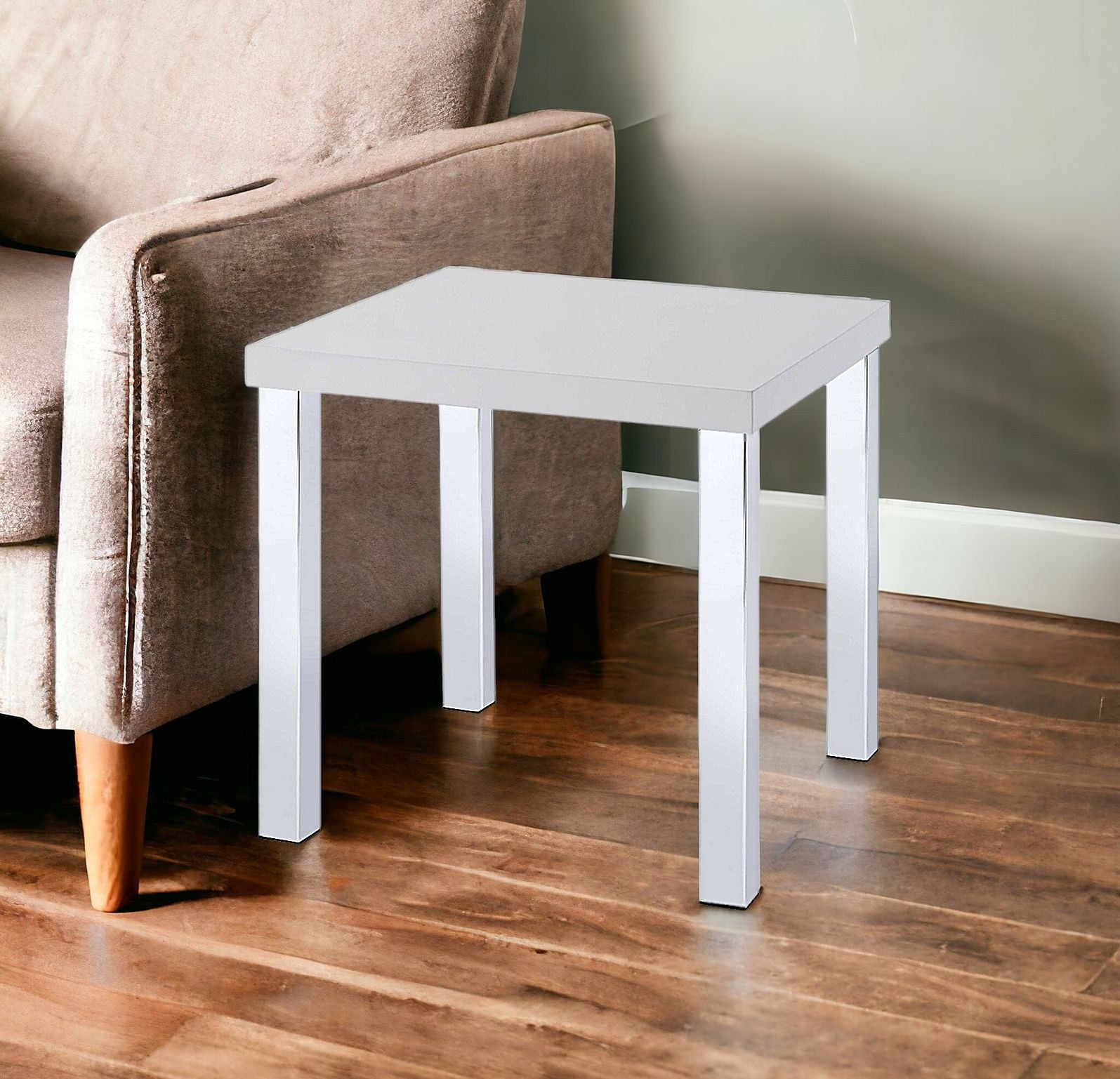 22" Chrome And White High Gloss Square End Table-2