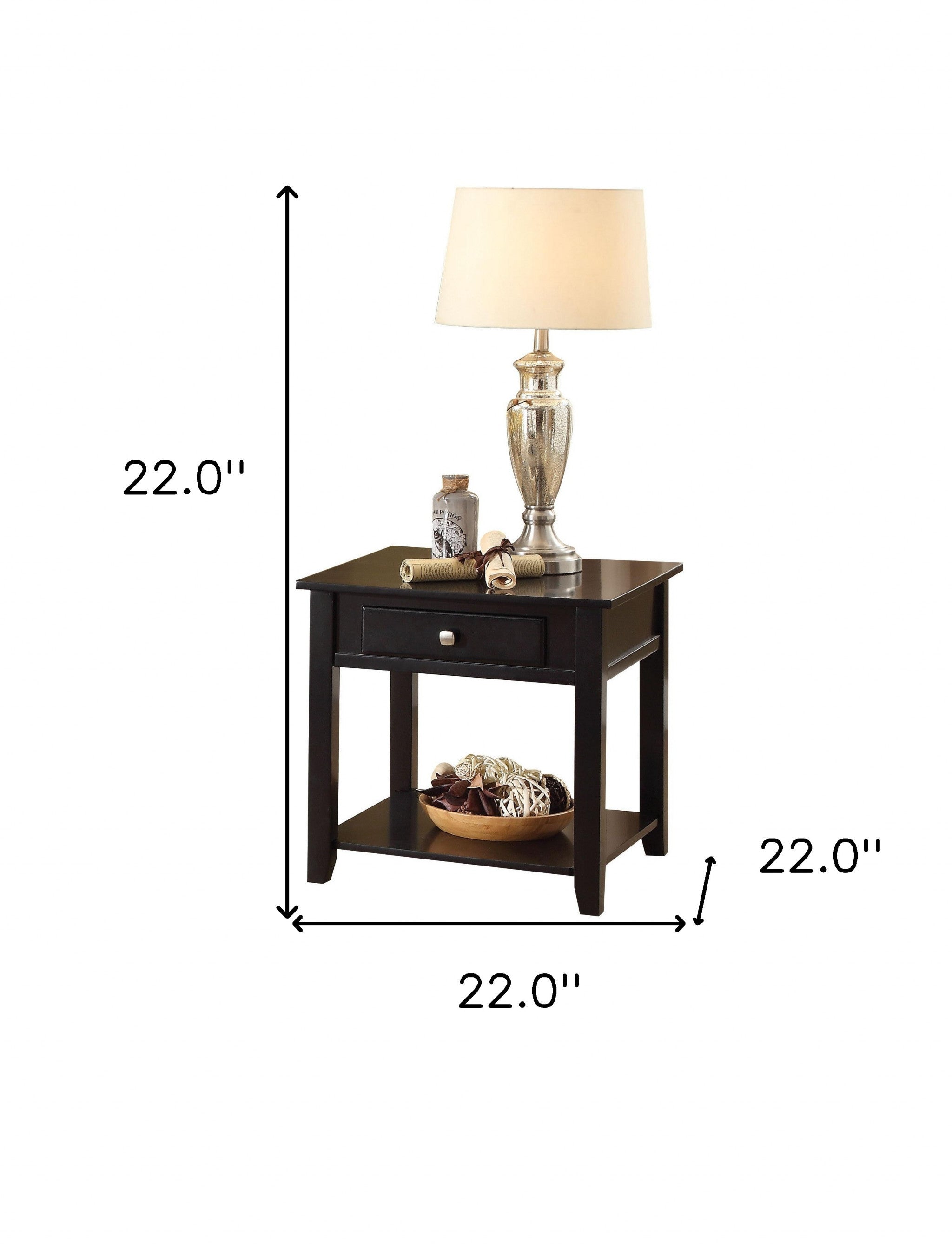 22" Black Manufactured Wood Square End Table With Drawer With Shelf-7