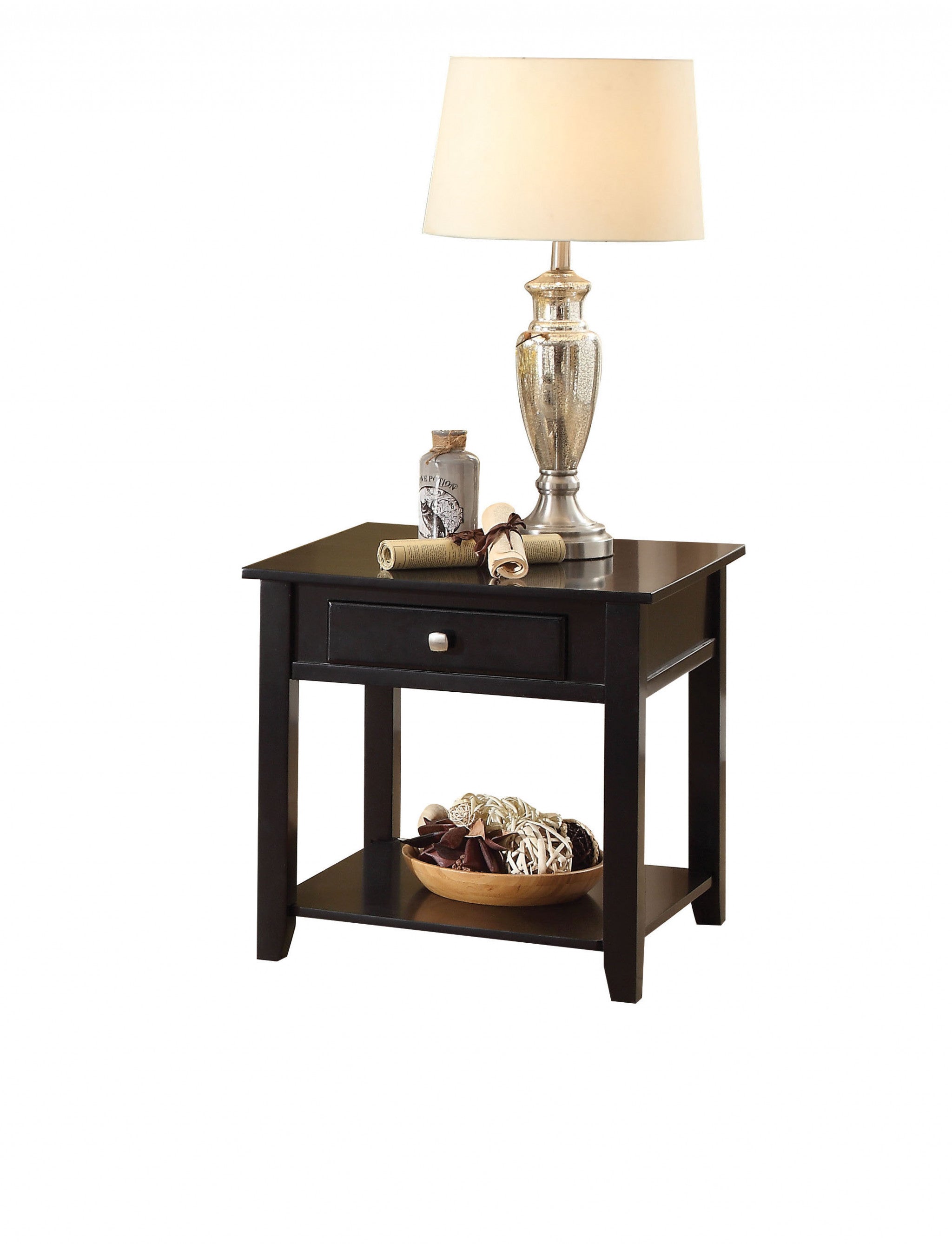 22" Black Manufactured Wood Square End Table With Drawer With Shelf-2