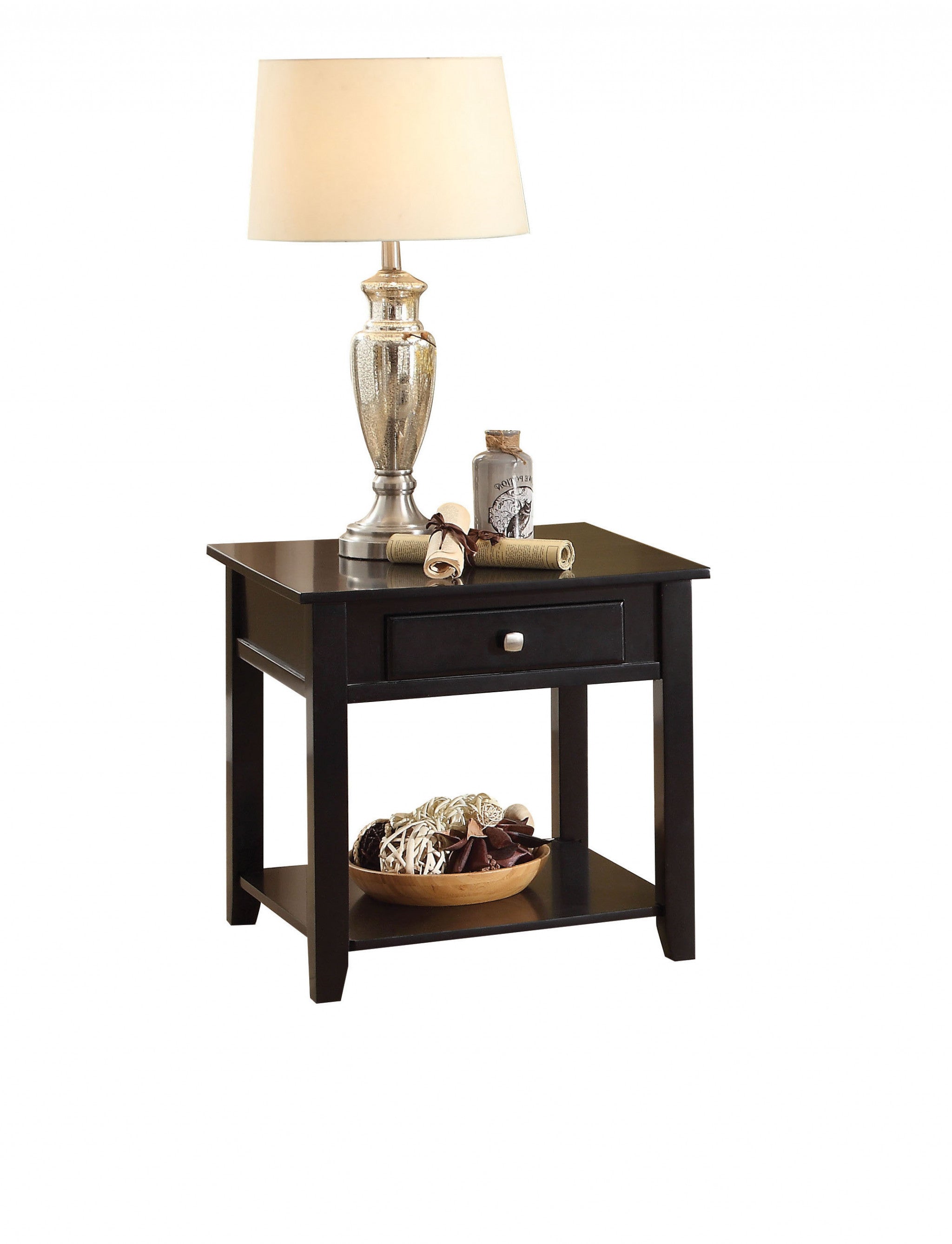 22" Black Manufactured Wood Square End Table With Drawer With Shelf-3