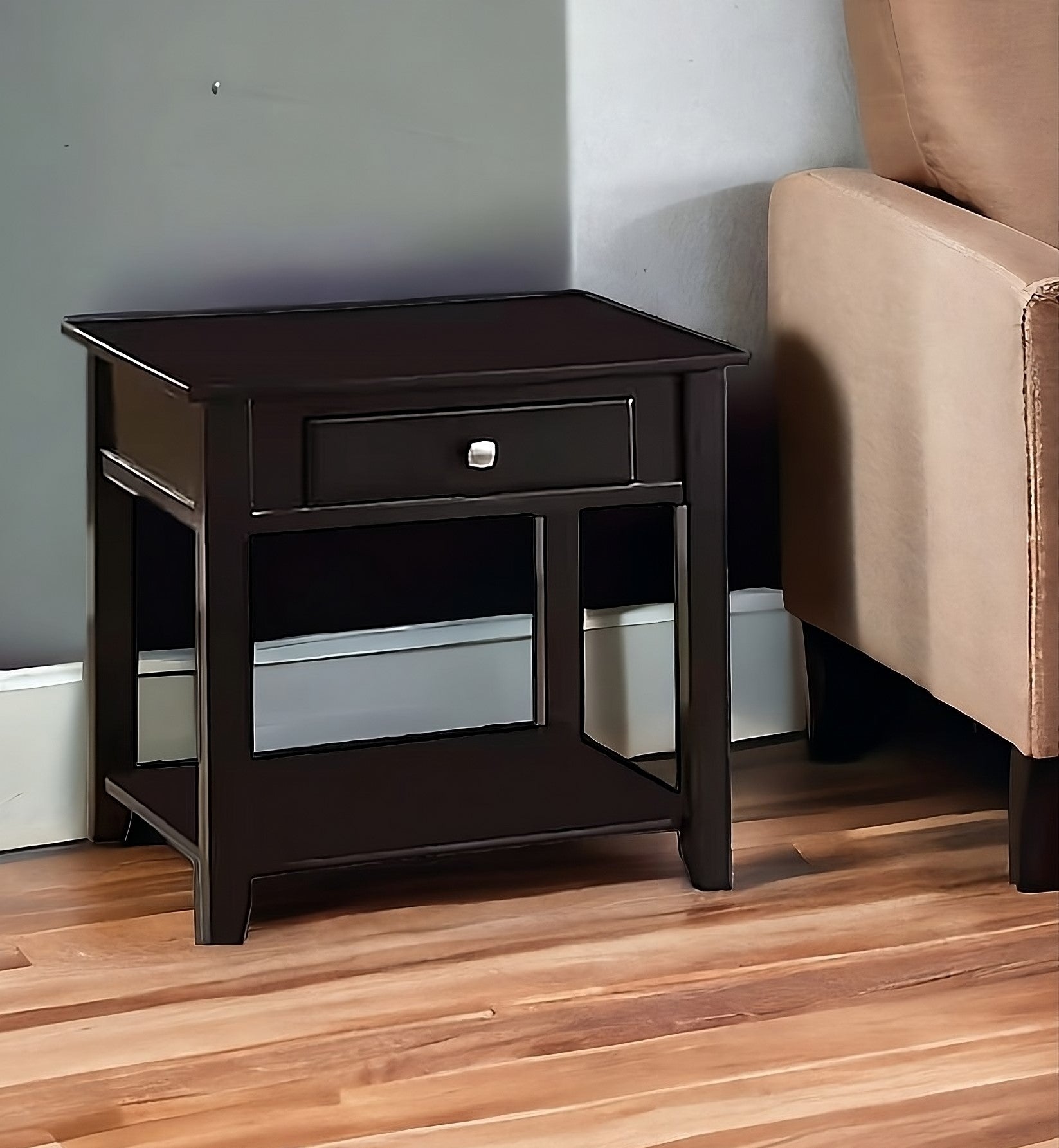 22" Black Manufactured Wood Square End Table With Drawer With Shelf-1